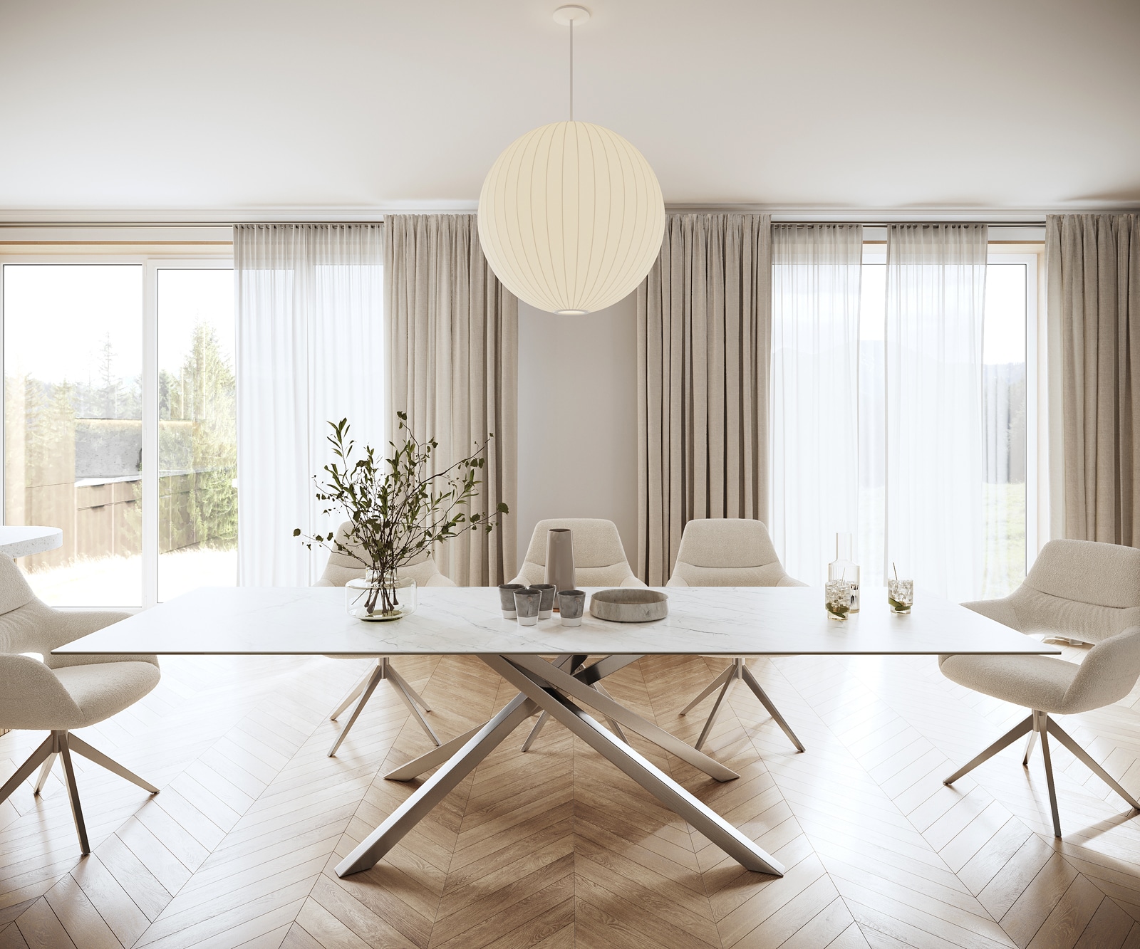 Table-à-manger Edge 300x100cm Laminam® céramique blanc pieds milieu croisé argent 2