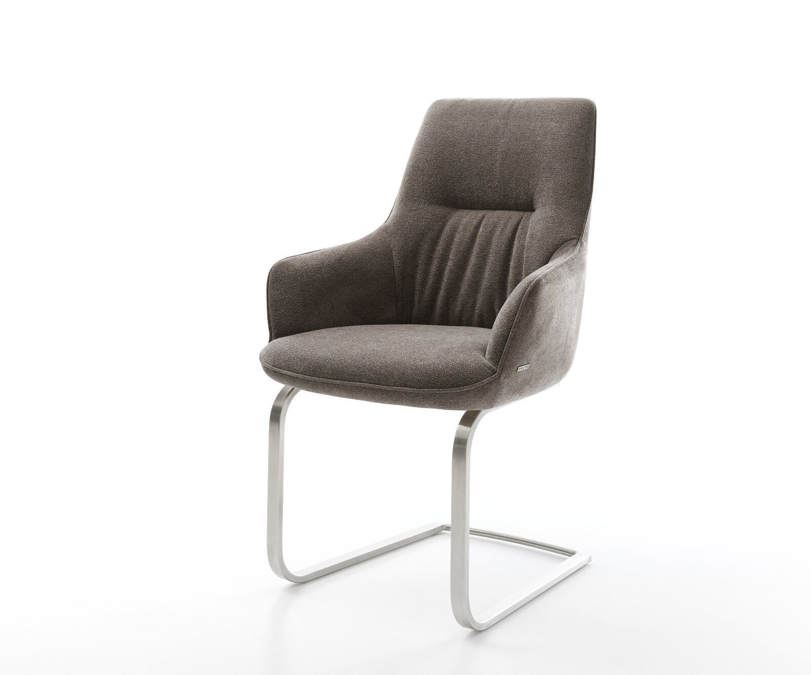 Cantilever Zelia-Flex avec accoudoirs tissu structuré doux taupe pied cantilever plat acier inoxydable ressorts ensachés