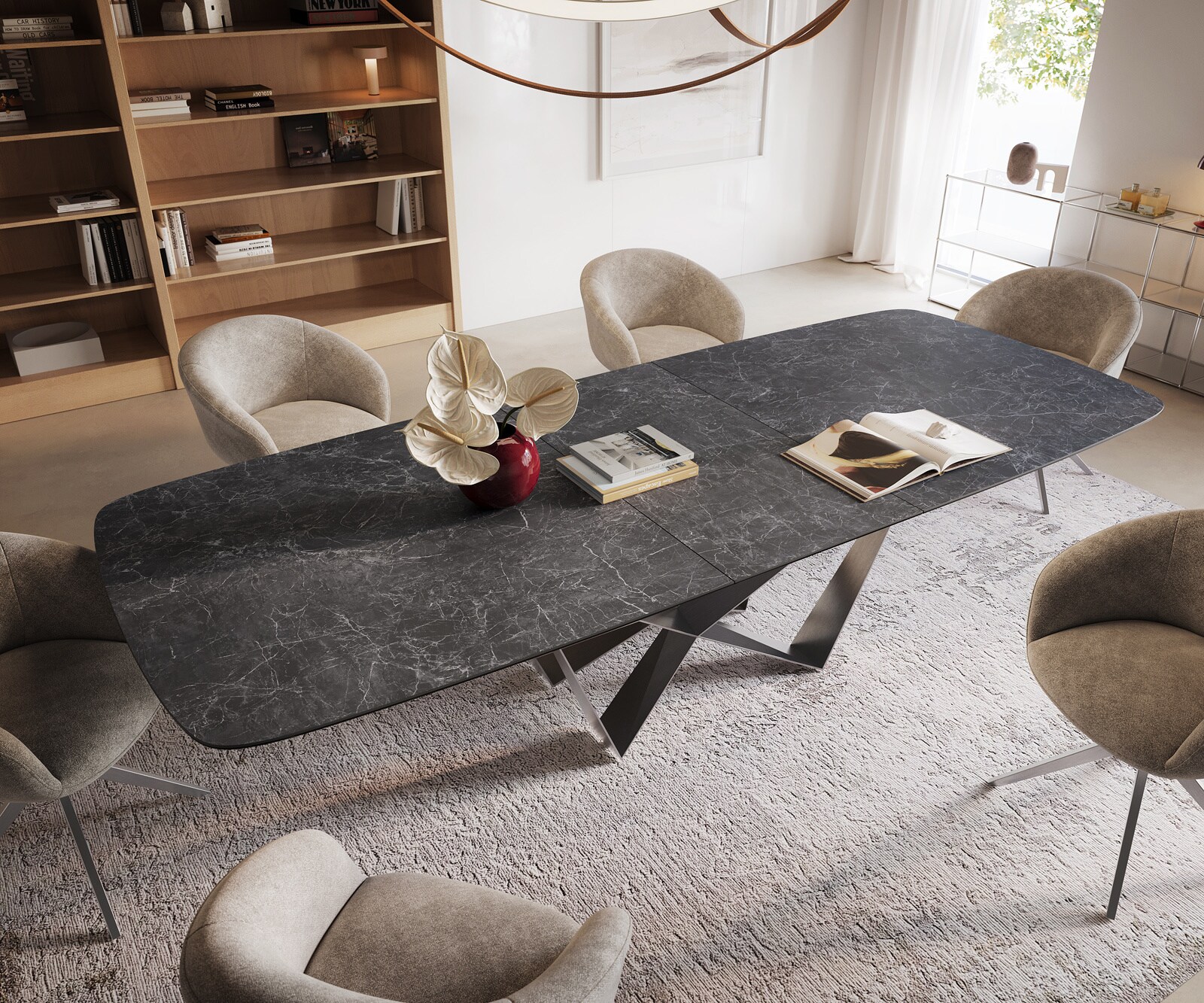 Esstisch Edge Boot 240-300x120 cm Keramik Laminam® Nero Greco Anthrazit Spider Flachstahl Edelstahl ausziehbar 3