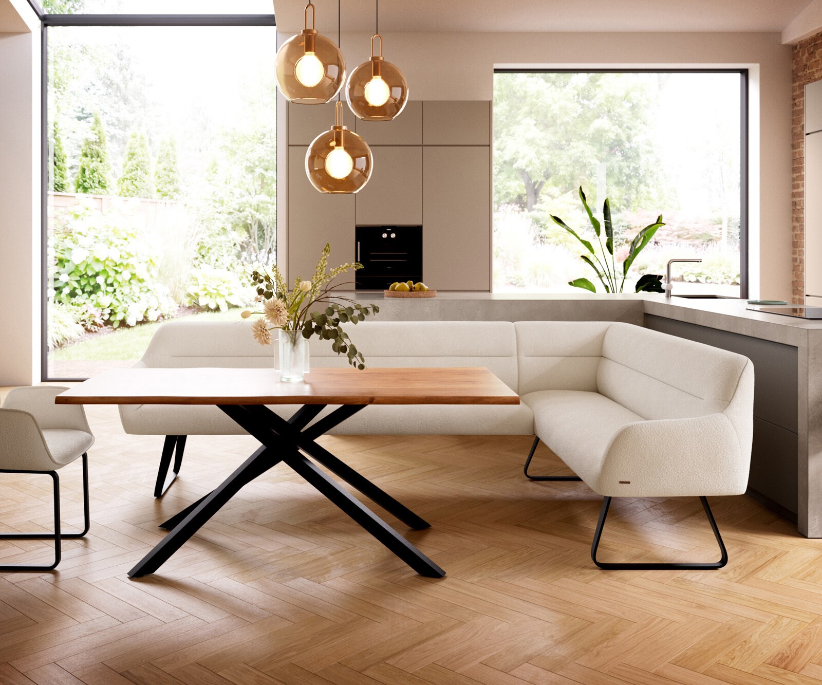 Esszimmerbank Taya-Flex 285x190 cm Bouclé Creme-Weiß Kufengestell flach Schwarz Taschenfederkern Links 1