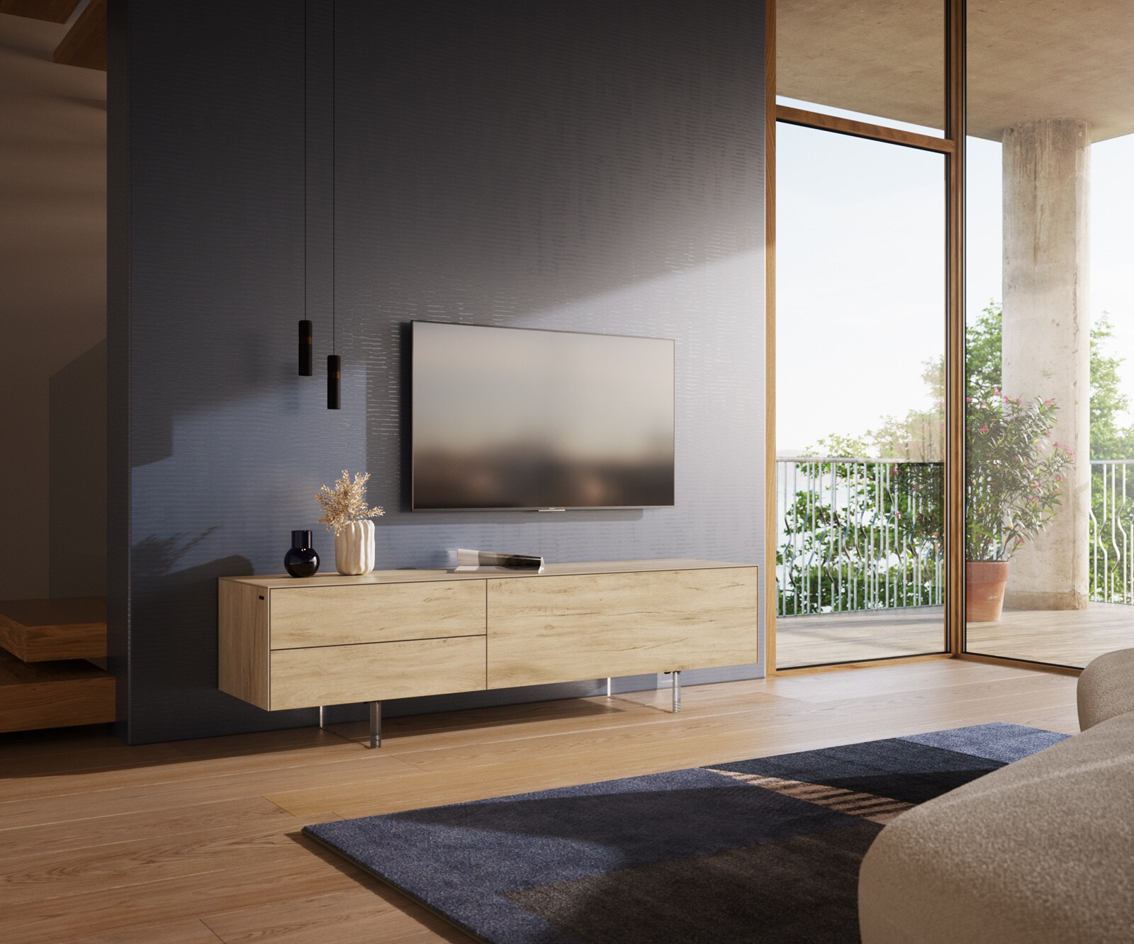 Meuble-TV Cuor 180 cm Céramique Laminam® Sabbia Teinte chêne 1 Clapet 2 Tiroirs Pied optique flottant Verre acrylique 1