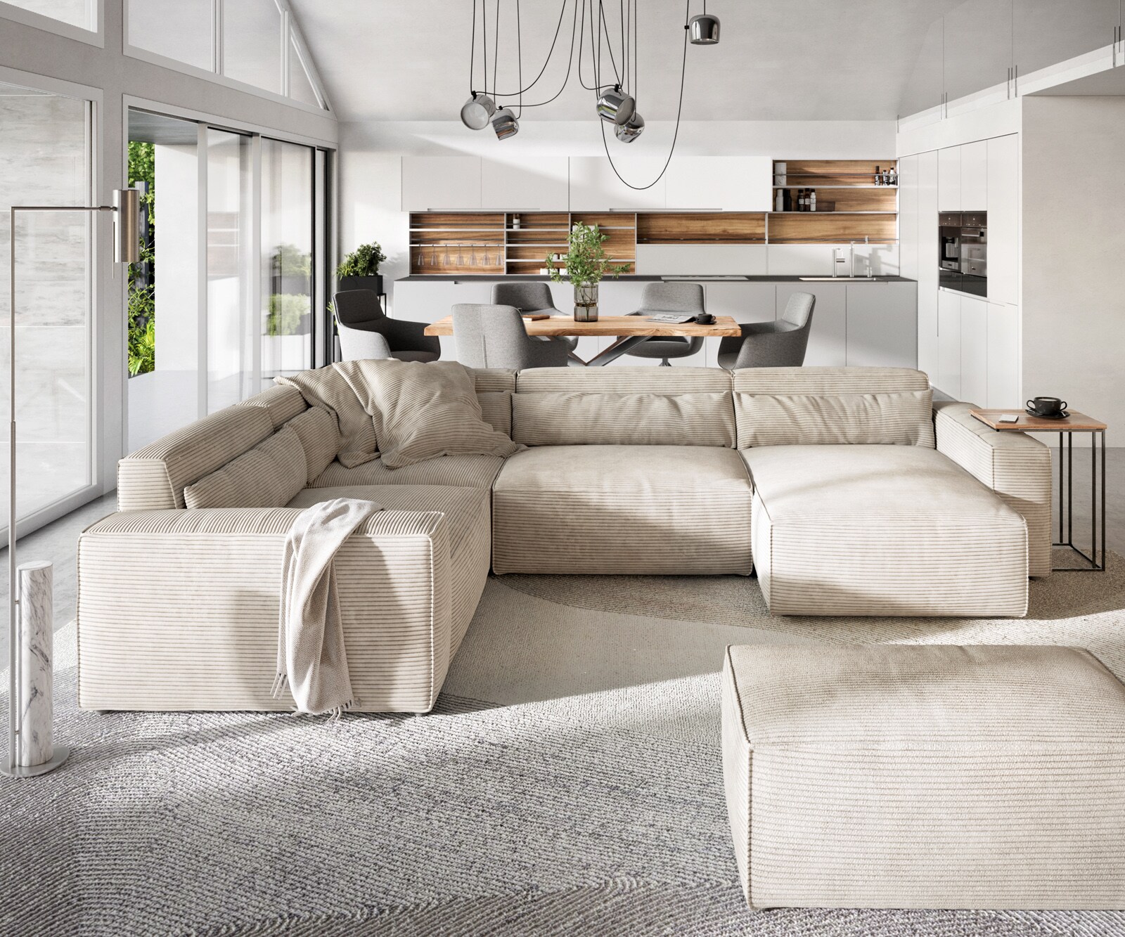 Wohnlandschaft Sirpio 300x200 cm Cord Beige Recamiere variabel mit Hocker 1