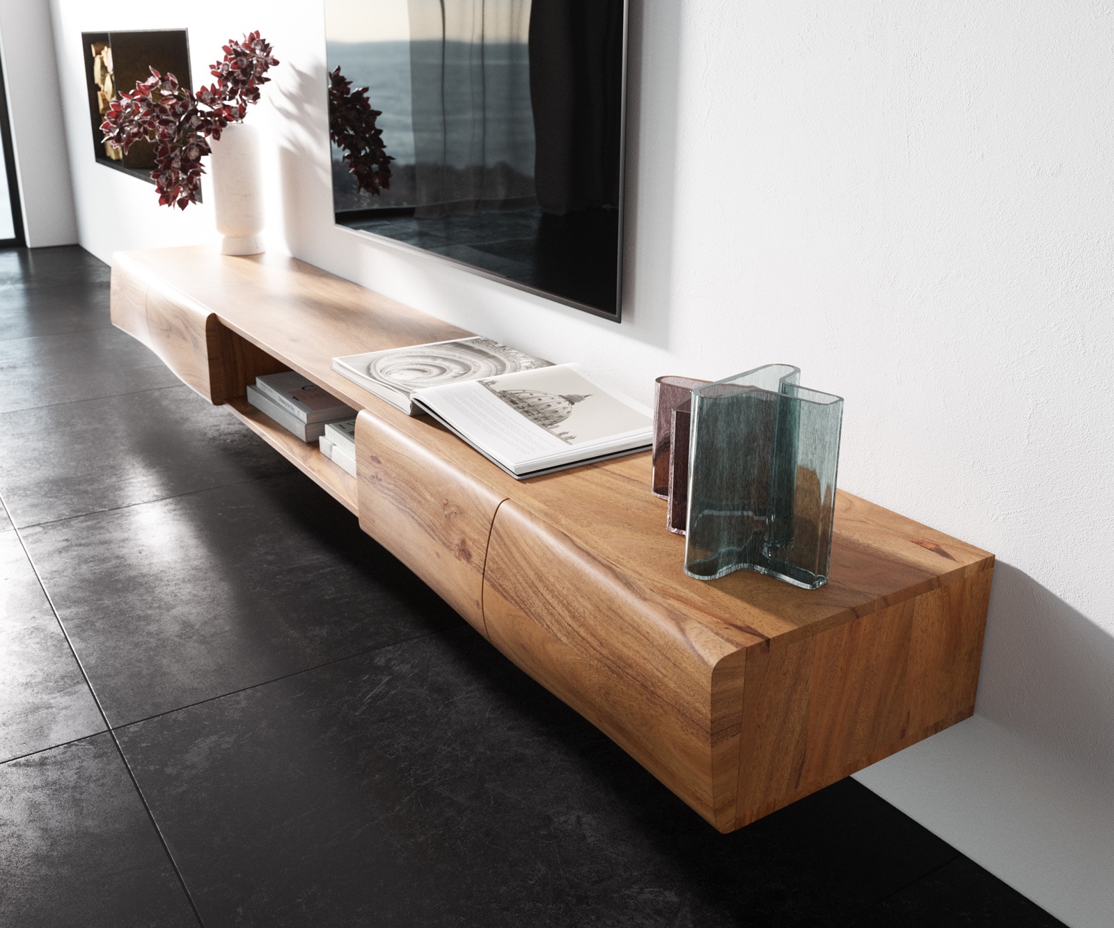 Meuble TV New Live-Edge 240 cm acacia naturel 4 portes 1 compartiment ouvert 1 Meuble TV New Live-Edge 240 cm acacia naturel 4 portes 1 compartiment ouvert 1