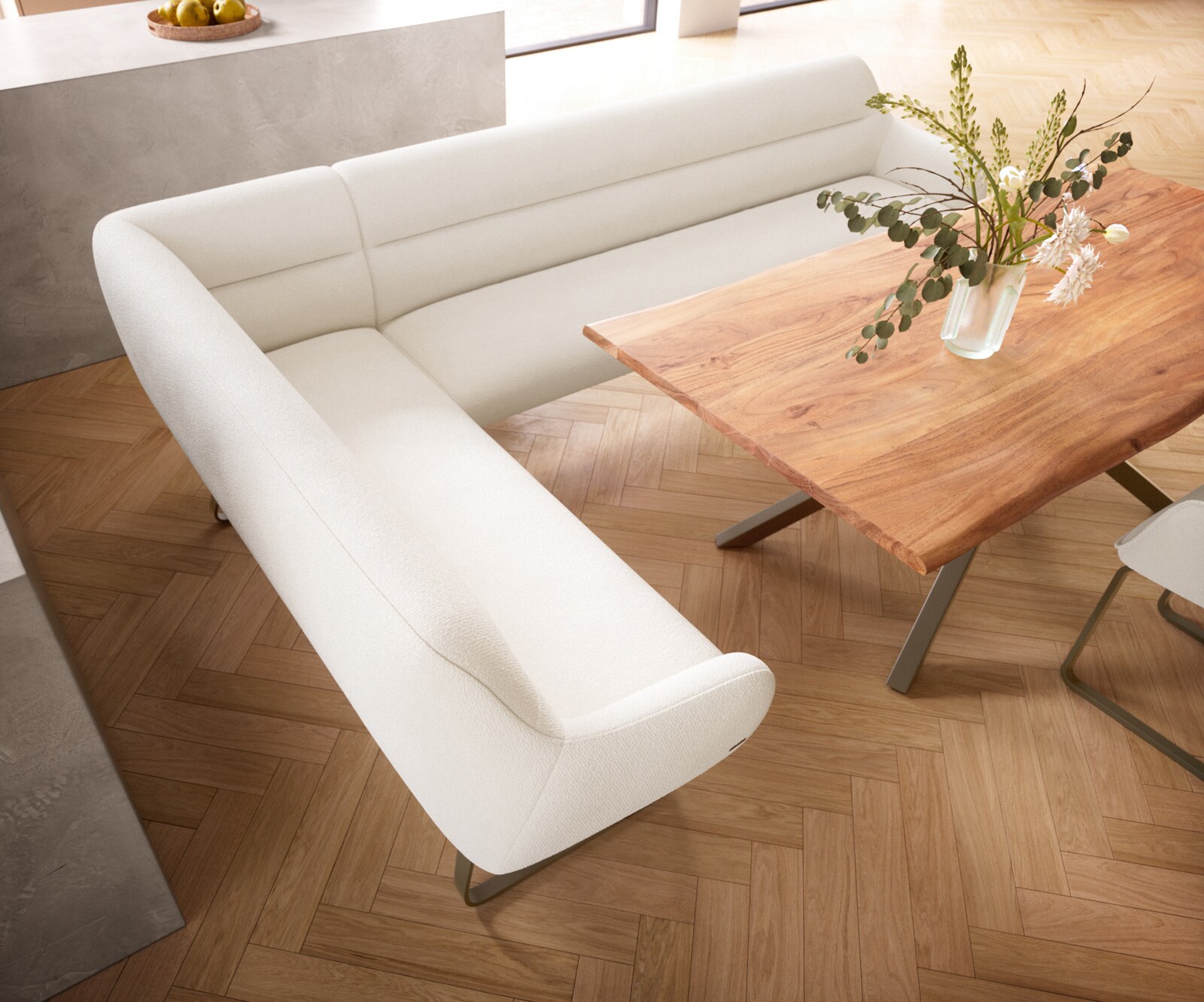 Esszimmerbank Taya-Flex 285x190 cm Bouclé Creme-Weiß Kufengestell flach Effektfinish Titan Taschenfederkern Rechts 3