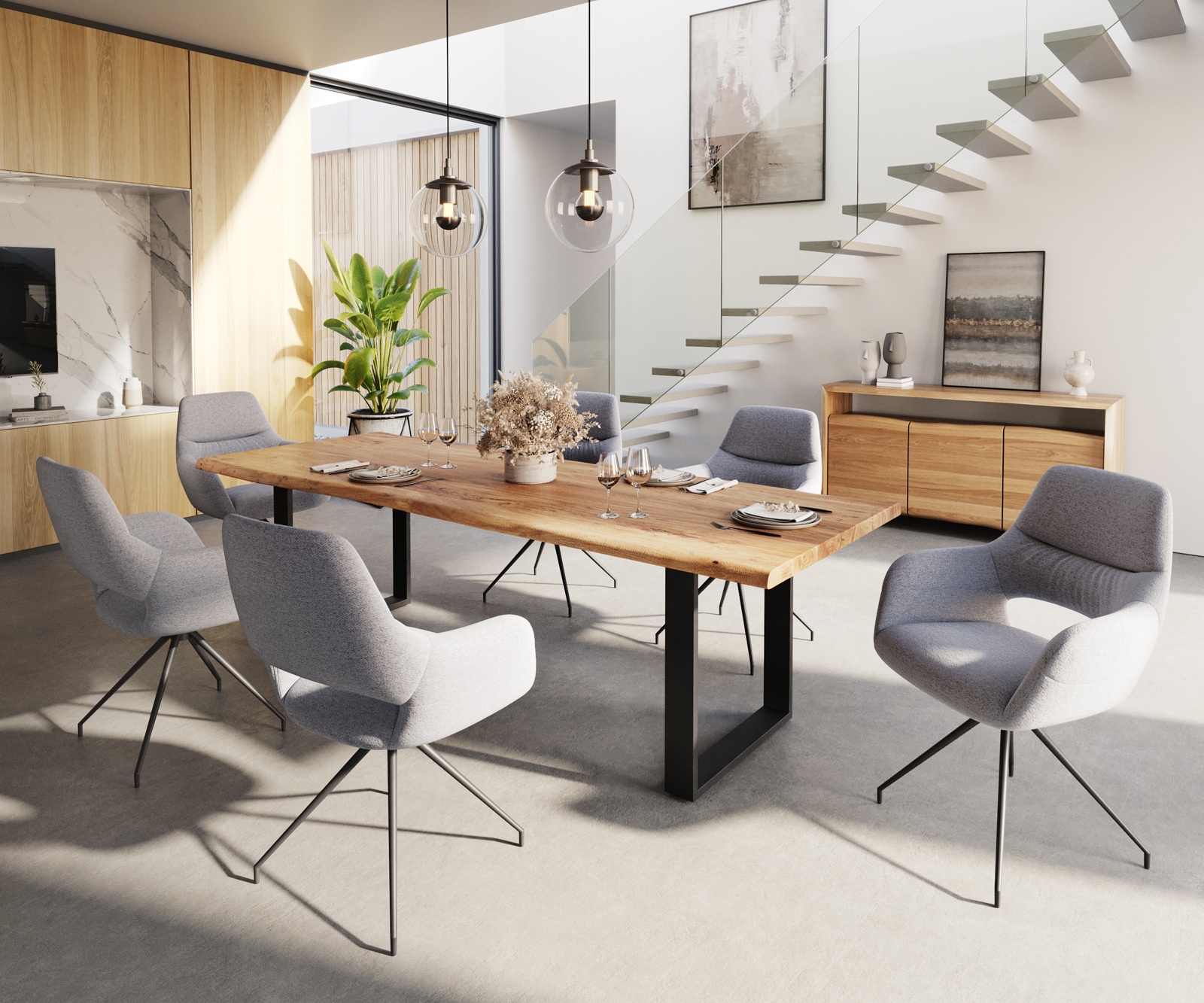 Esszimmerstuhl Yago-Flex mit Armlehnen Strukturstoff Hellgrau Kreuzgestell konisch Schwarz Taschenfederkern 3 Esszimmerstuhl Yago-Flex mit Armlehnen Strukturstoff Hellgrau Kreuzgestell konisch Schwarz Taschenfederkern 3