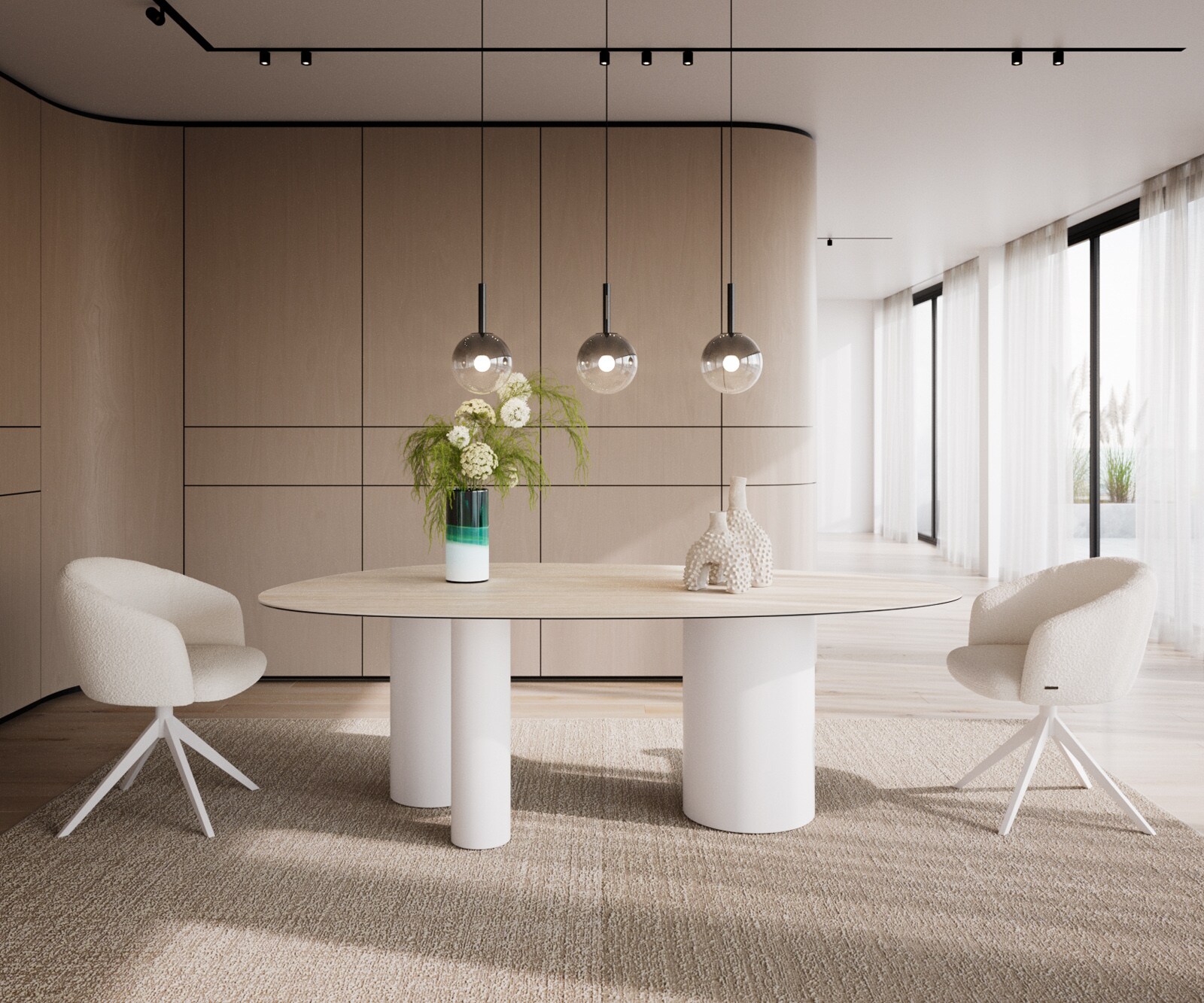 Table à manger Edge ovalee 220x120 céramique Laminam® Travertino Bianco crème-blanc Troa métal blanc 1