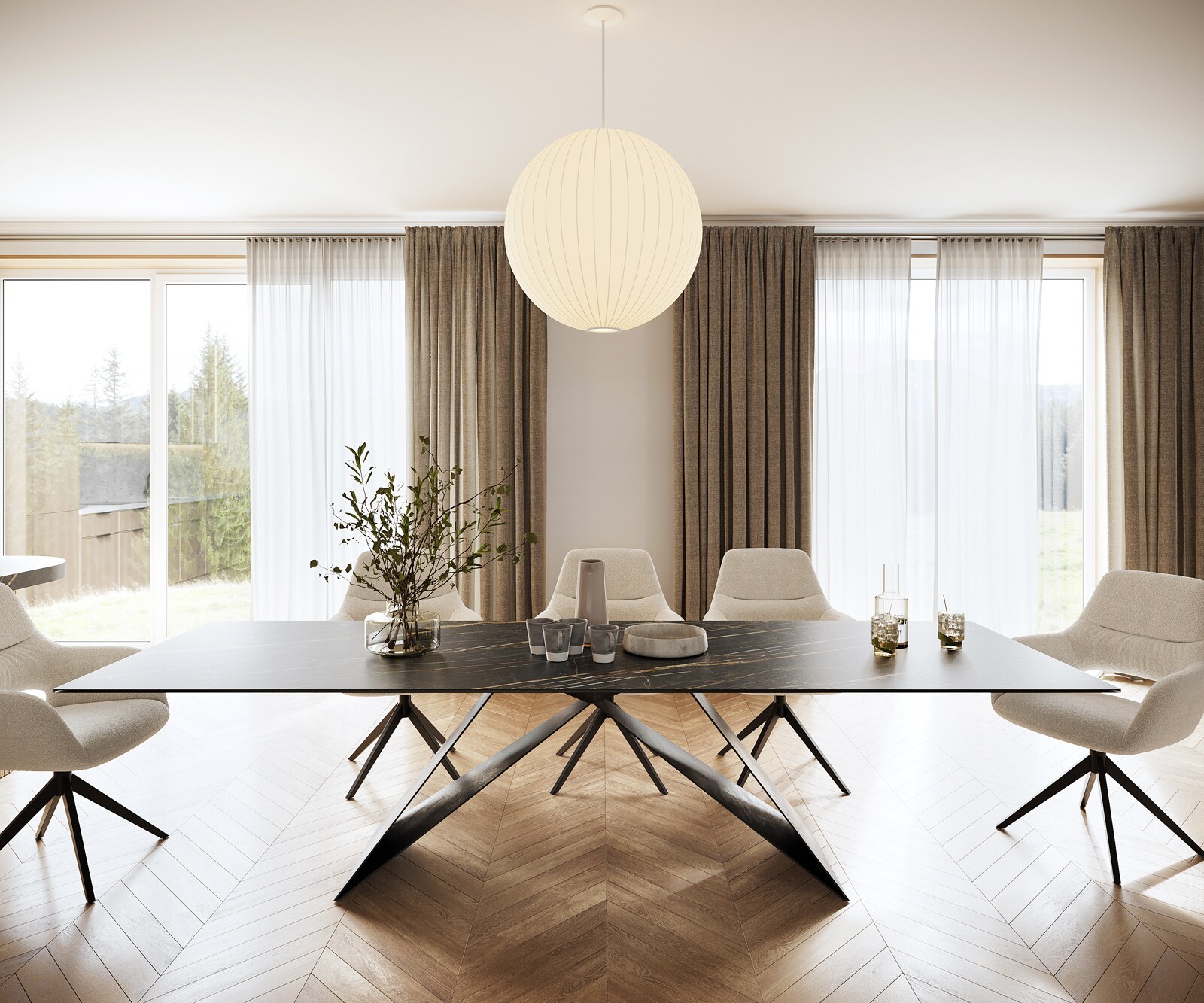 Esstisch Edge 300x100cm Keramik Laminam®Noir Desir Braun V-Mittelfuß Schwarz 1