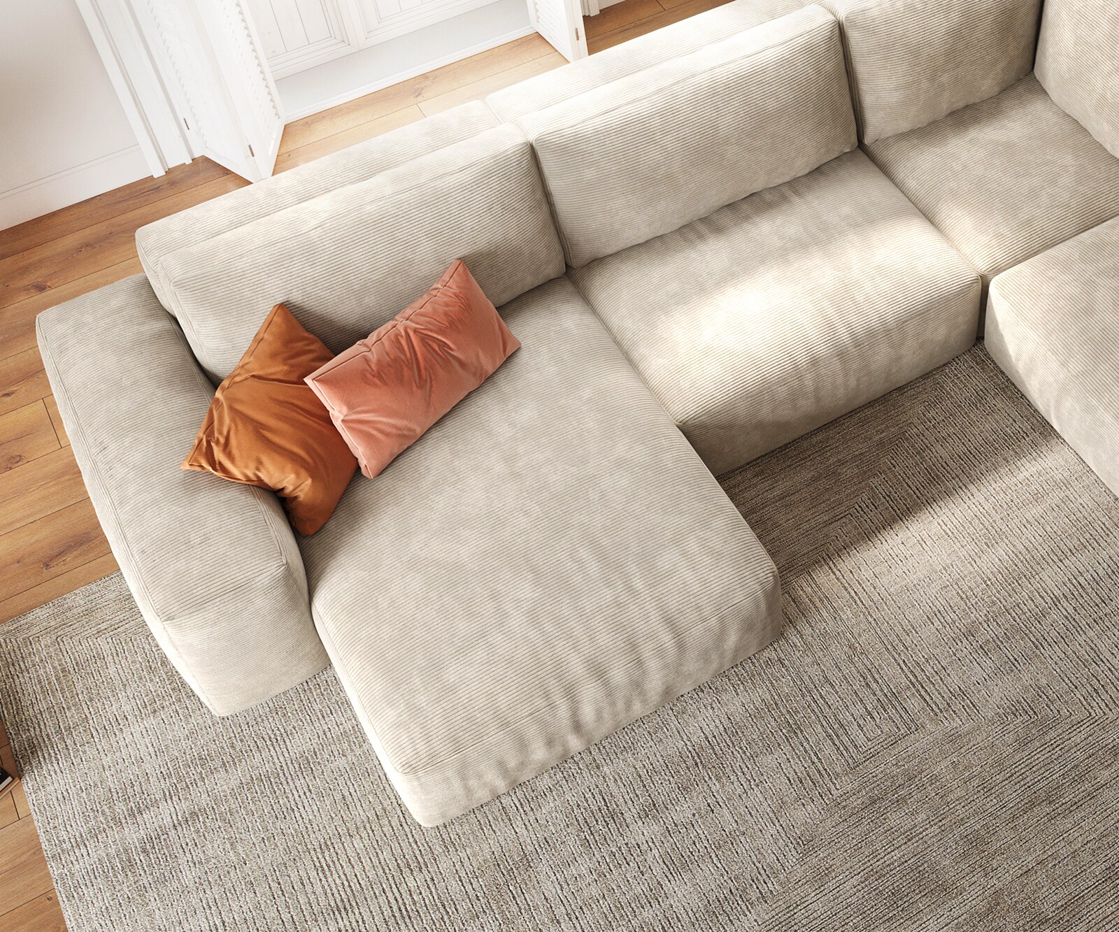 Grand canapé d’angle Lanzo 300x210 cm velours côtelé beige méridienne réversible 4