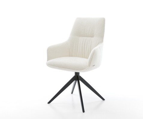 Drehstuhl Zelia-Flex mit Armlehnen Bouclé Soft Beige Kreuzgestell breit Schwarz 360° drehbar Wippfunktion Taschenfederkern