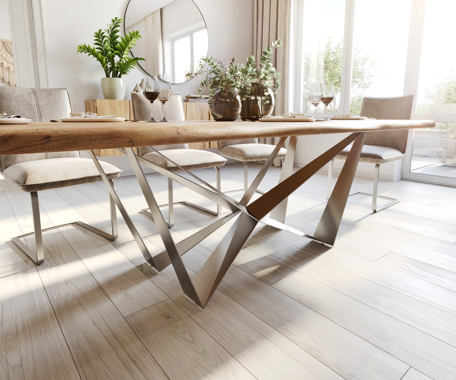 Esstisch Edge 260x100 Akazie Natur Spider Flachstahl Edelstahl Live-Edge 4