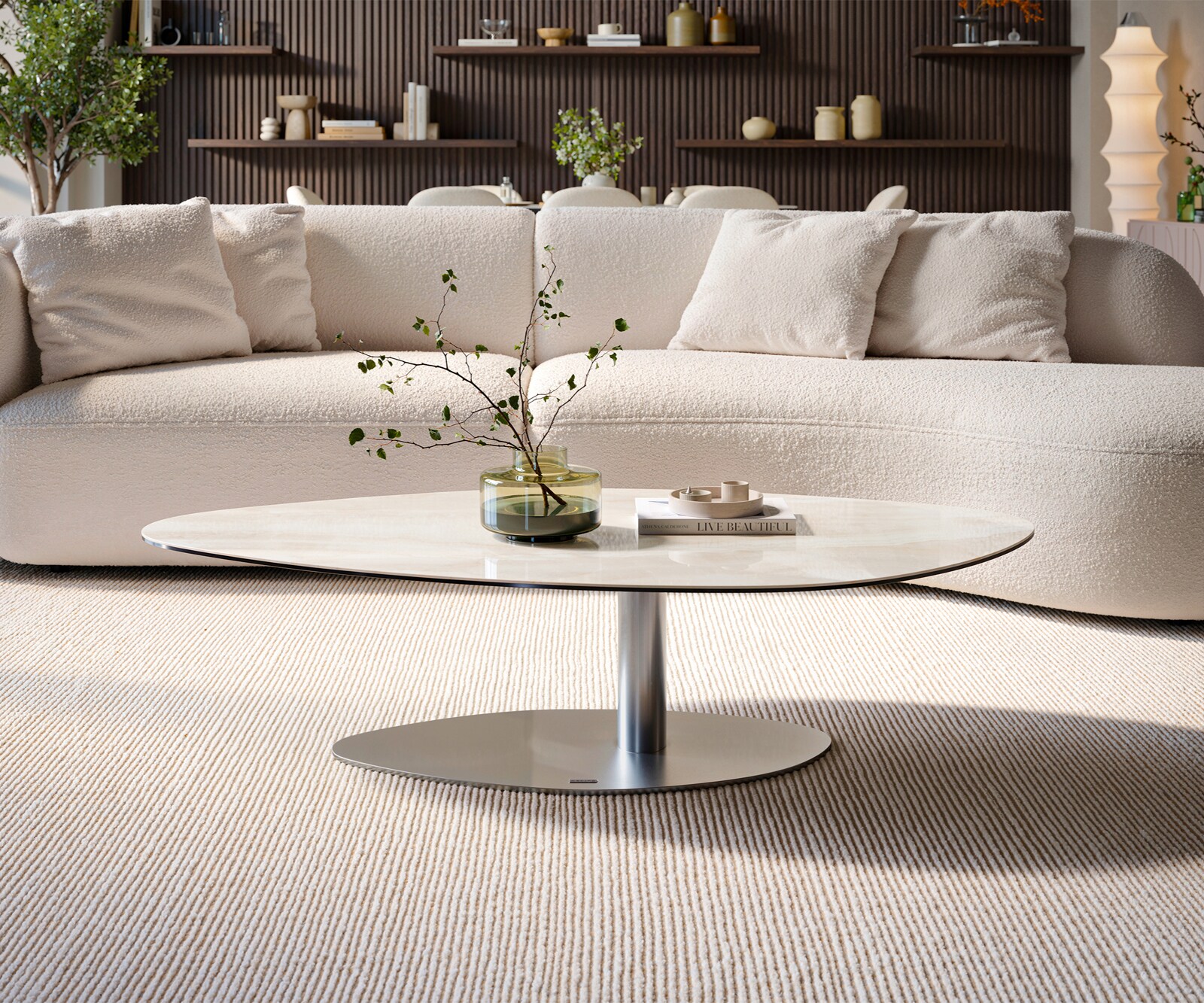 Table basse Edge organique 140x76 cm céramique Onyx Champagne Vibany acier inoxydable brossé