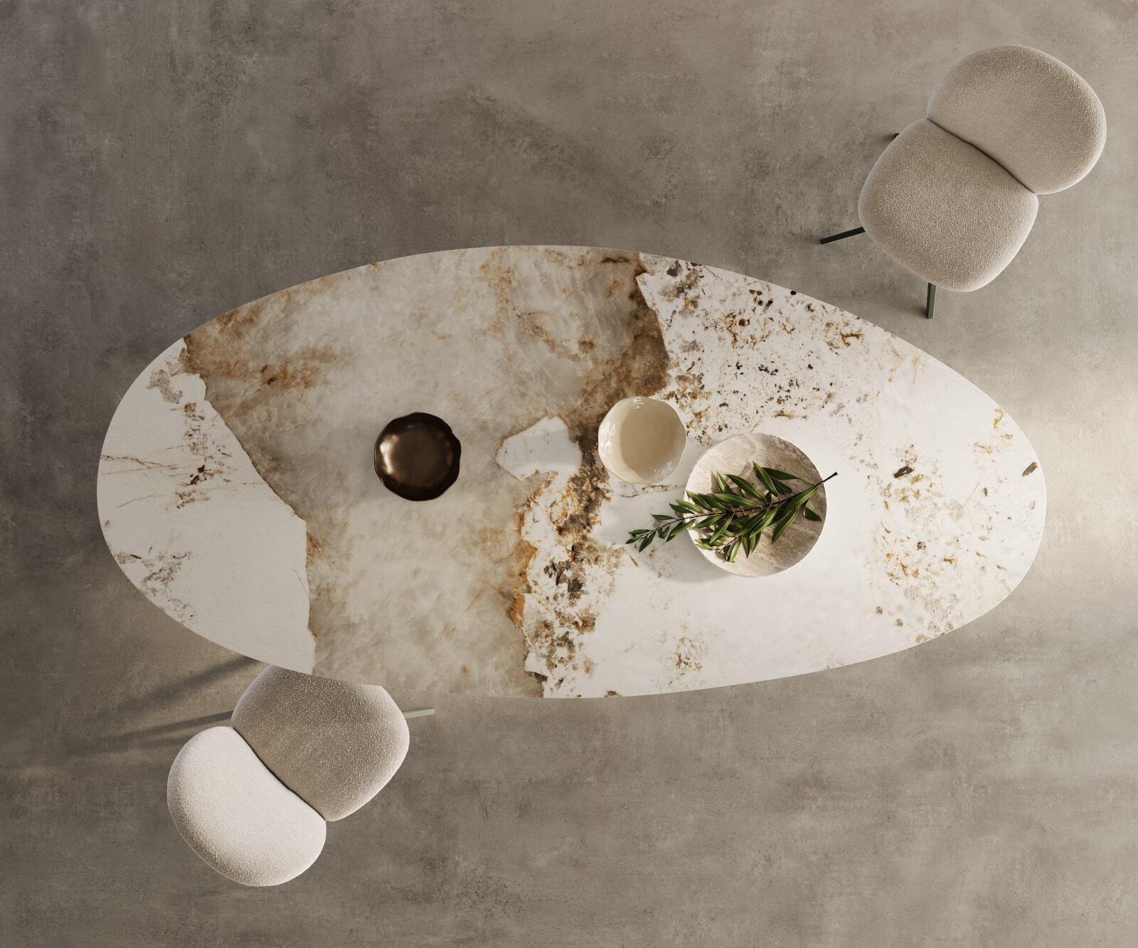 Table à manger Edge Ovale 280x130 Céramique Minas Melange Blanc-Beige Zenthara anguleux Métal finition à effet Titane 6