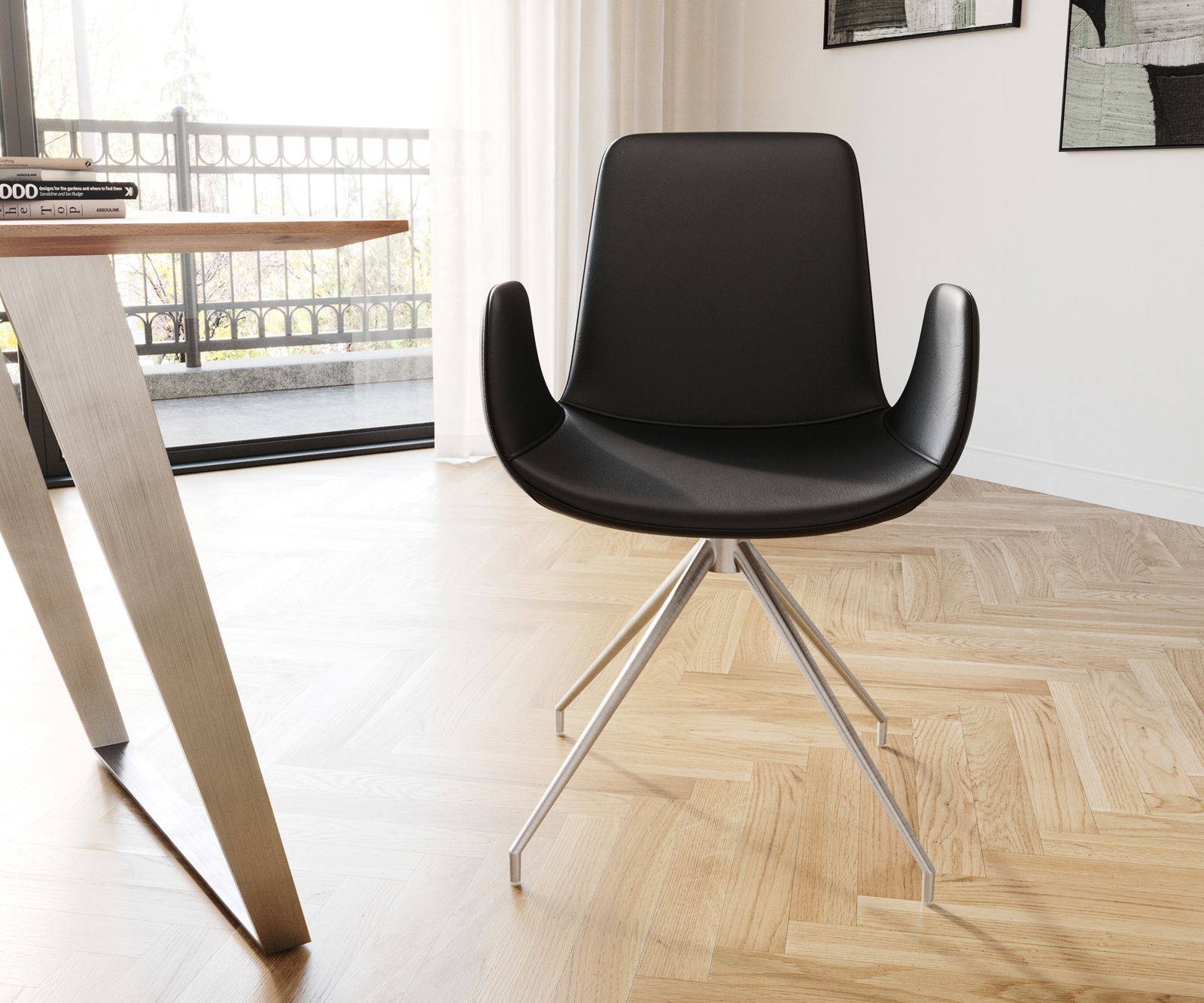 Esszimmerstuhl Ilia-Flex mit Armlehnen Echt-Leder Schwarz Kreuzgestell konisch Edelstahl 1 Esszimmerstuhl Ilia-Flex mit Armlehnen Echt-Leder Schwarz Kreuzgestell konisch Edelstahl 1