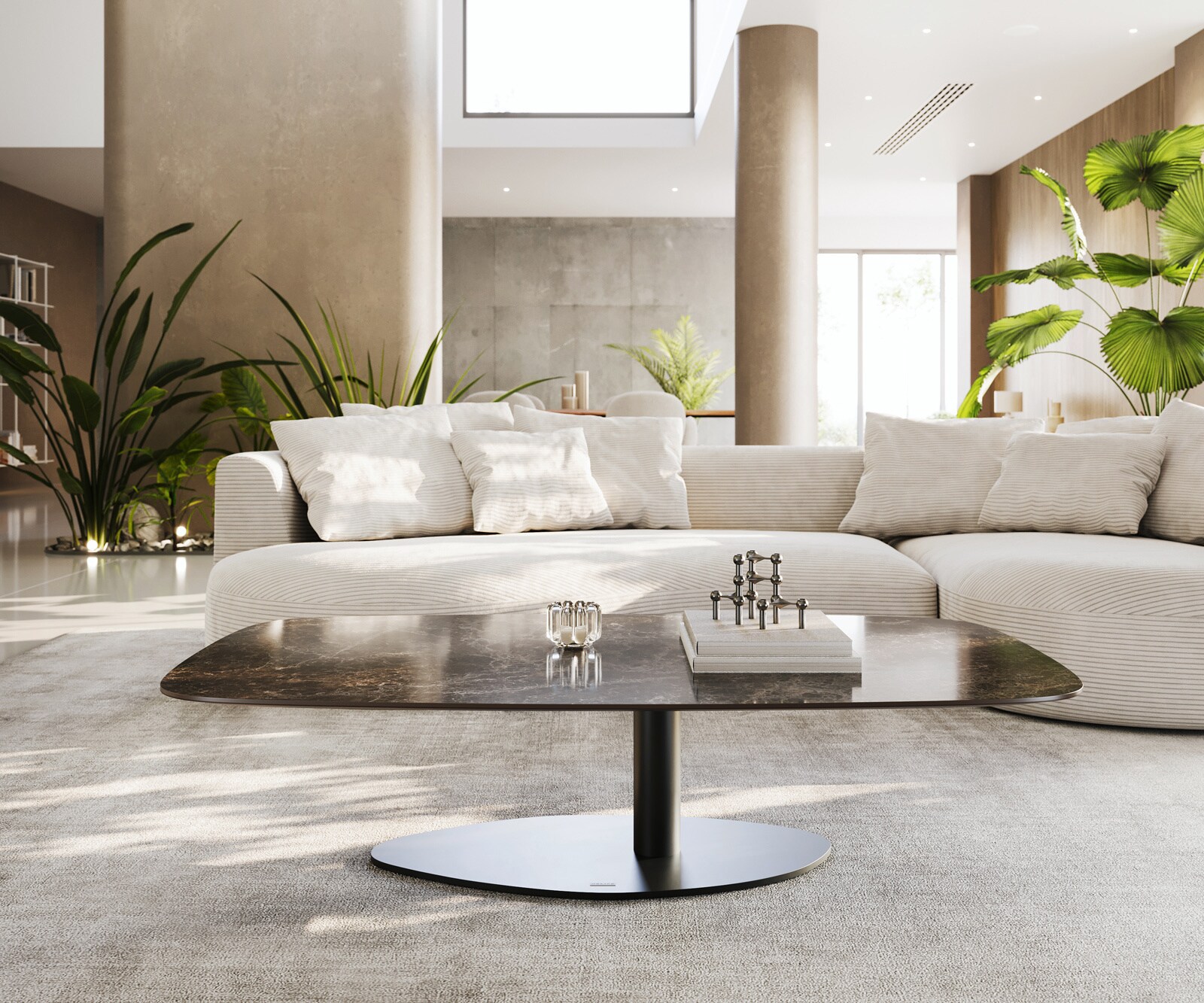 Table basse Edge bateau 140x80 cm céramique Emperador Extra Lucidato brun foncé Vibany métal noir 2