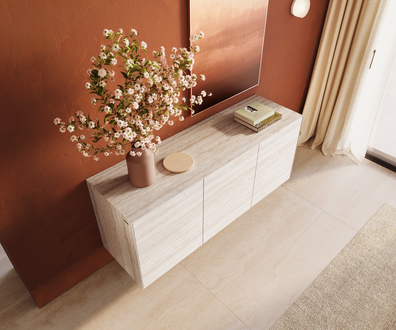 Sideboard Cuor 150 cm Keramik Laminam® Travertino Bianco Creme-Weiß 3 Türen Schwebend 3