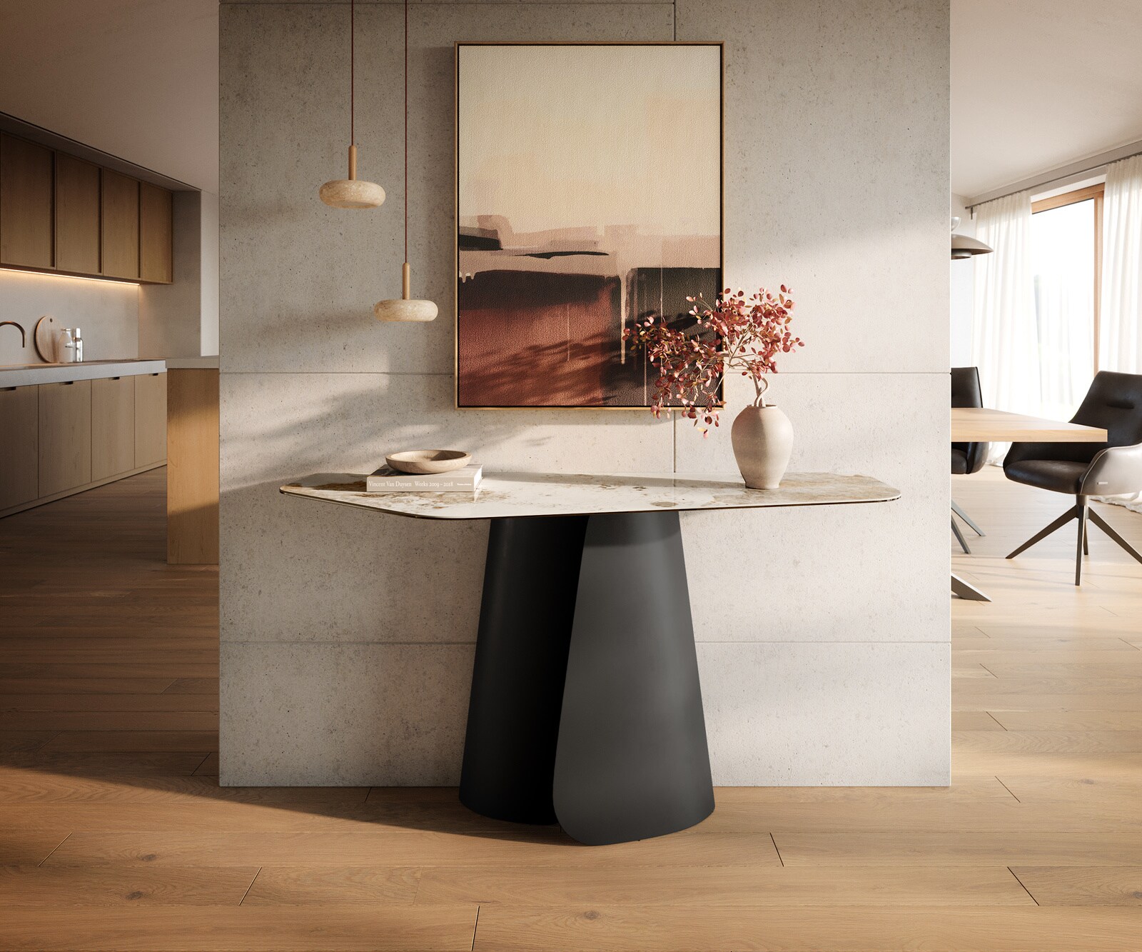Console Edge Polygonal 140x50 cm Céramique Minas Melange Weiß-Beige Livos Métal Noir 4