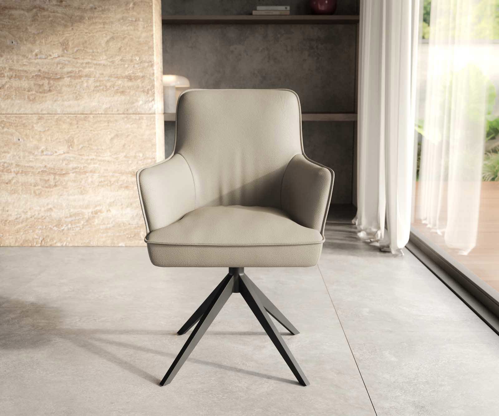 Chaise-pivotante Heira-Flex avec accoudoirs cuir de vache couleur boue pied croisé large noir pivotement sur 360° ressorts ensachés 1