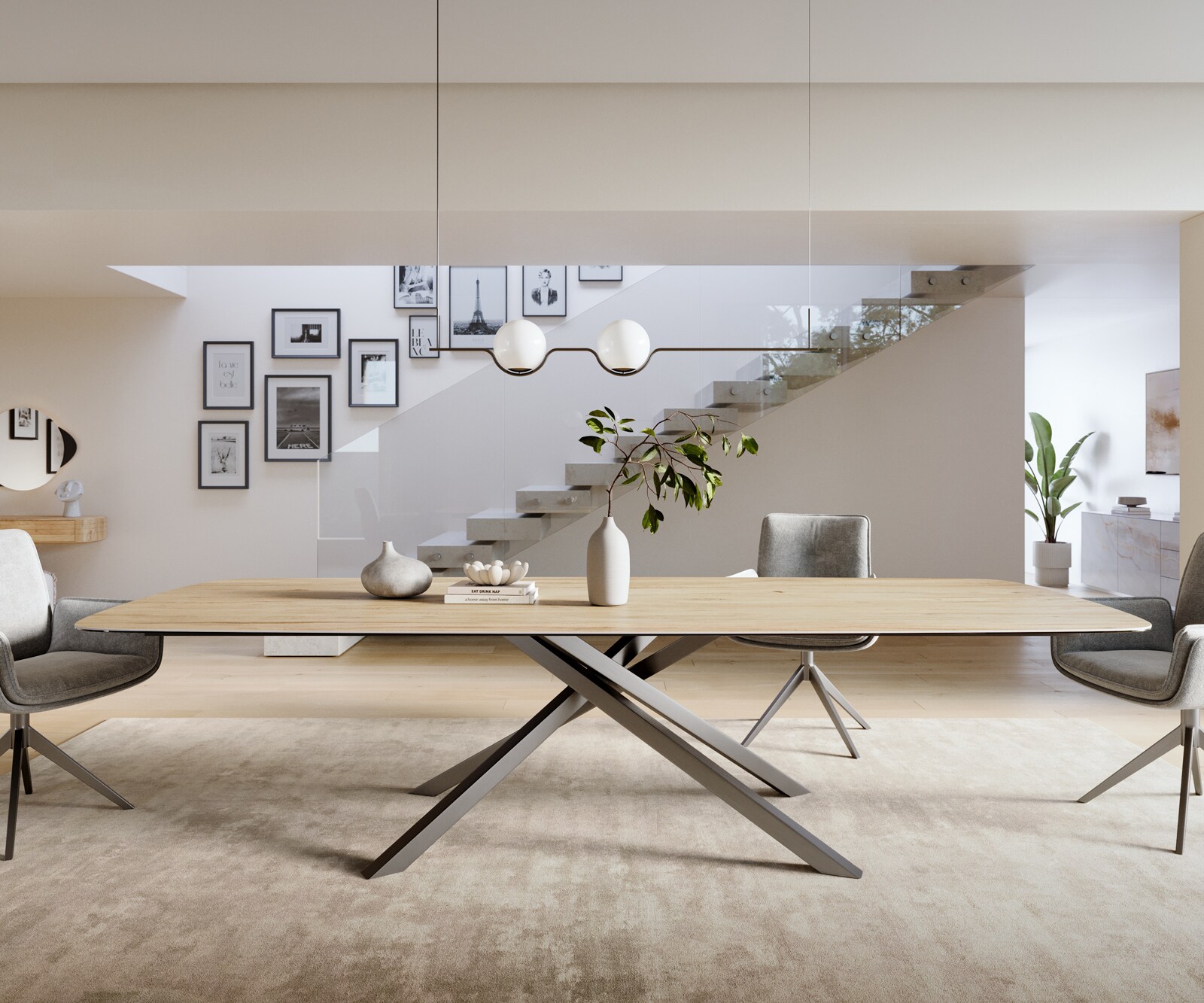 Esstisch Edge Boot 300x120 cm Keramik Laminam® Sabbia Eichefarbig Kreuzgestell Rechteck Edelstahl Graphit 1