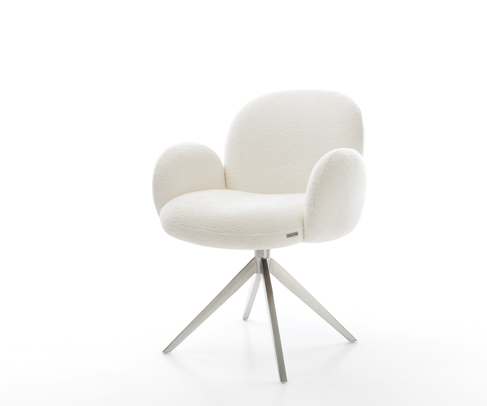 Drehstuhl Nube-Flex mit Armlehnen Bouclé Soft Beige Kreuzgestell breit Edelstahl 360° drehbar Taschenfederkern