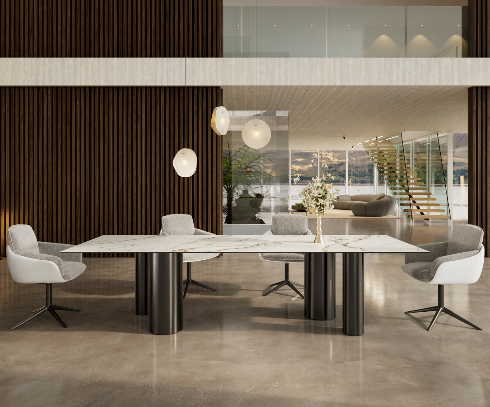 Esstisch Edge 300x100 Keramik Calacatta Luxe Weiß-Gold-Grau Pilier Edelstahl Graphit