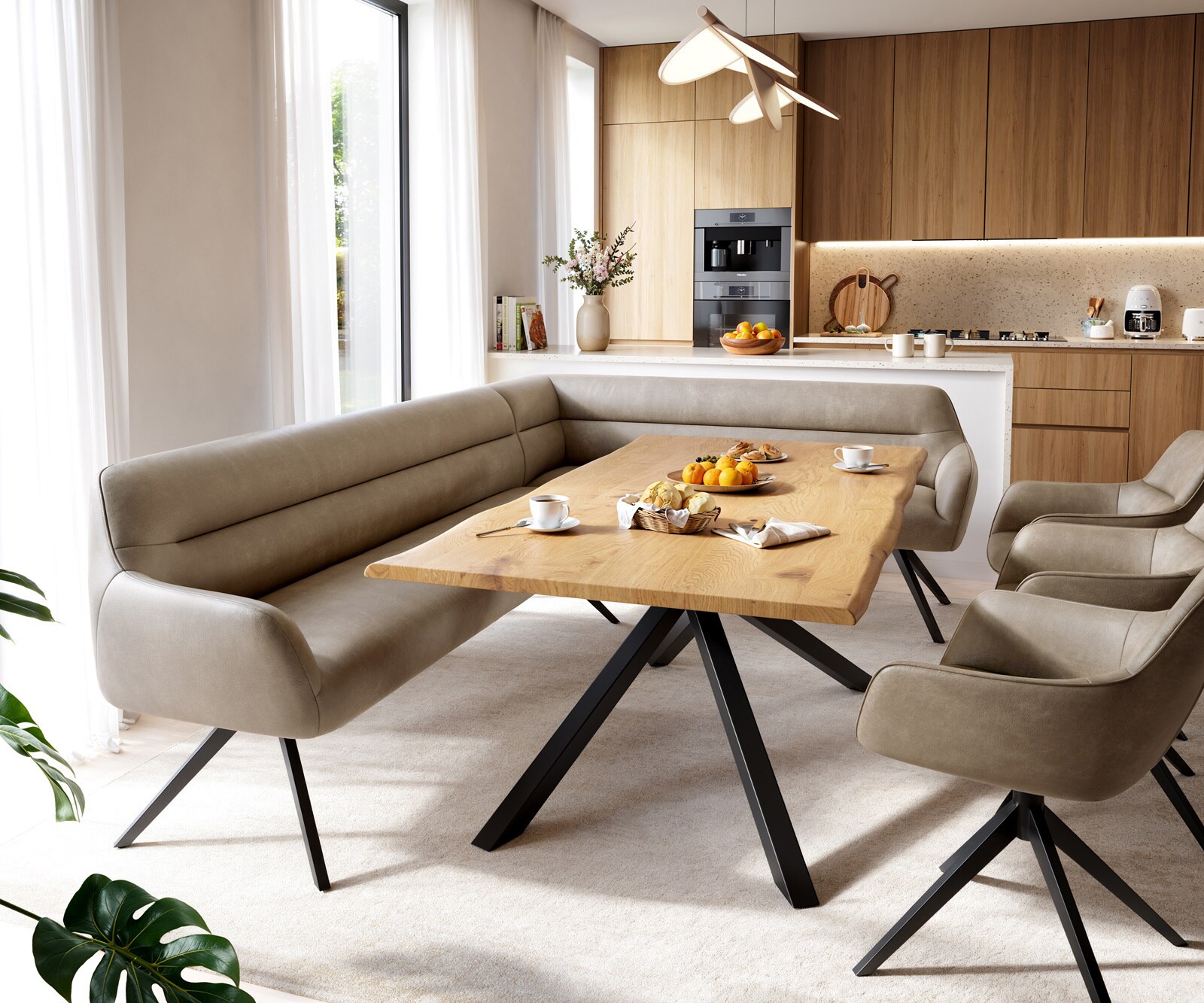 Esszimmerbank Taya-Flex 285x190 cm Mikrofaser Beige Vintage Kreuzgestell kantig Schwarz Taschenfederkern Links