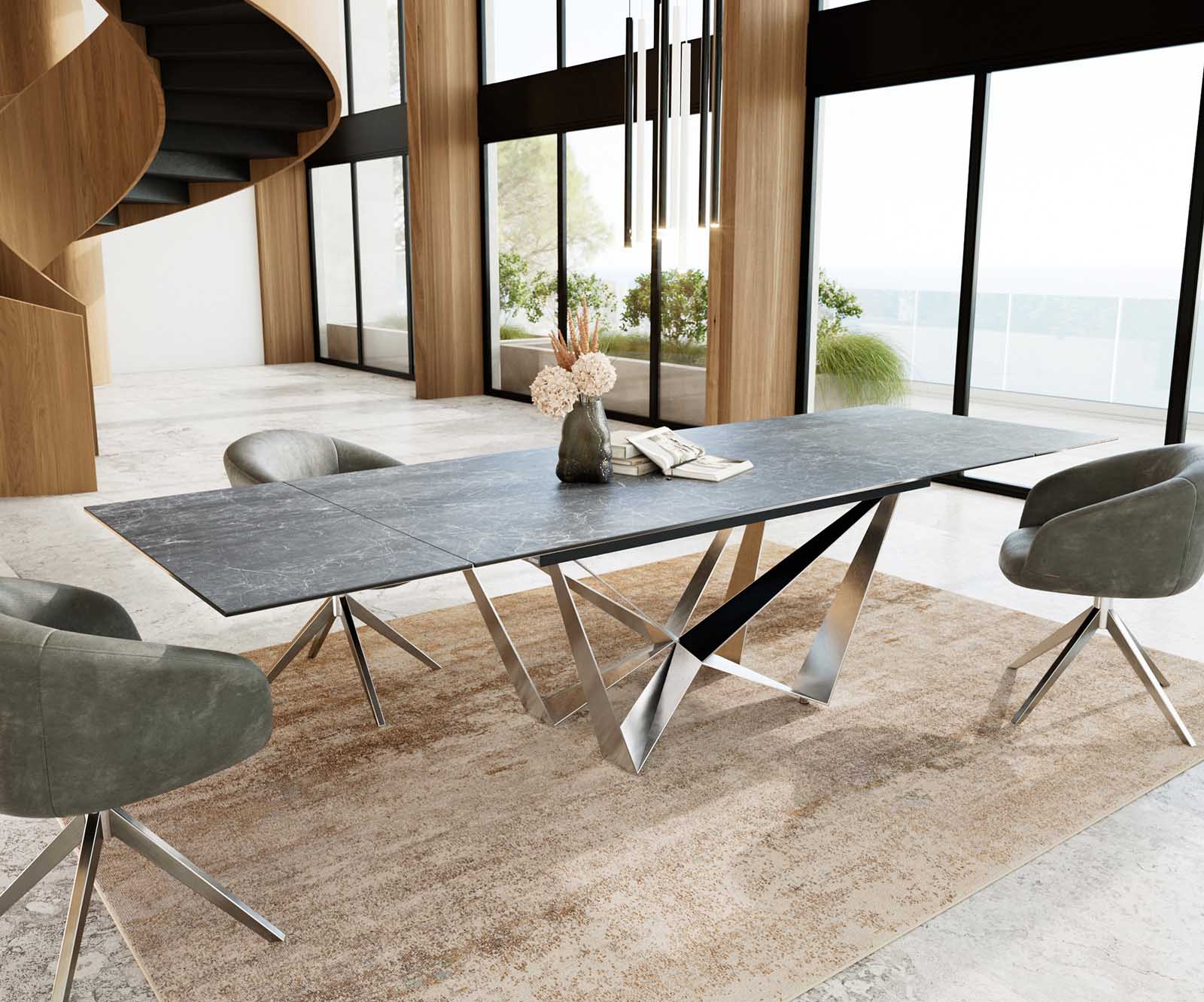 Esstisch Edge 200-300x100 Keramik Laminam®Nero Greco Anthrazit Spider Flachstahl Edelstahl ausziehbar 4 Esstisch Edge 200-300x100 Keramik Laminam®Nero Greco Anthrazit Spider Flachstahl Edelstahl ausziehbar 4