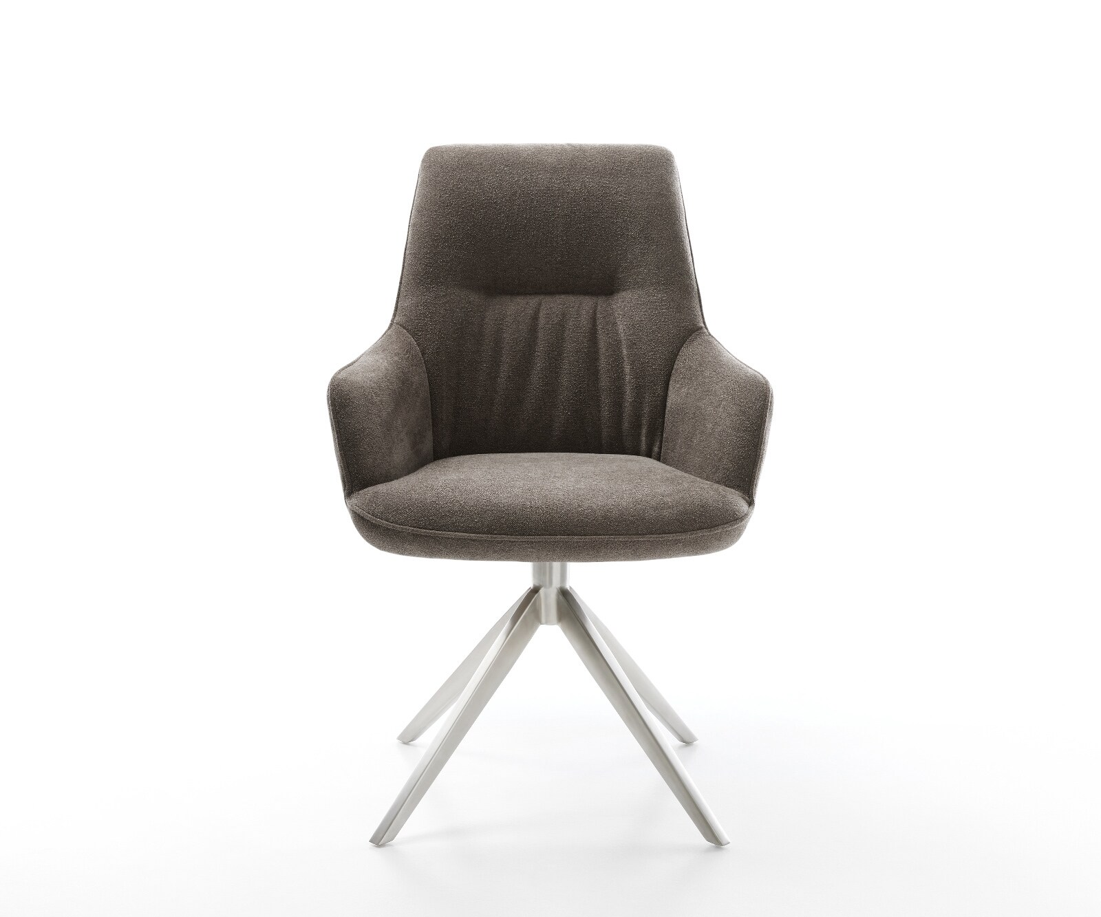 Chaise-pivotante Zelia-Flex avec accoudoirs tissu structuré doux taupe pied croisé large acier inoxydable pivotement sur 360° fonction bascule ressorts ensachés 1