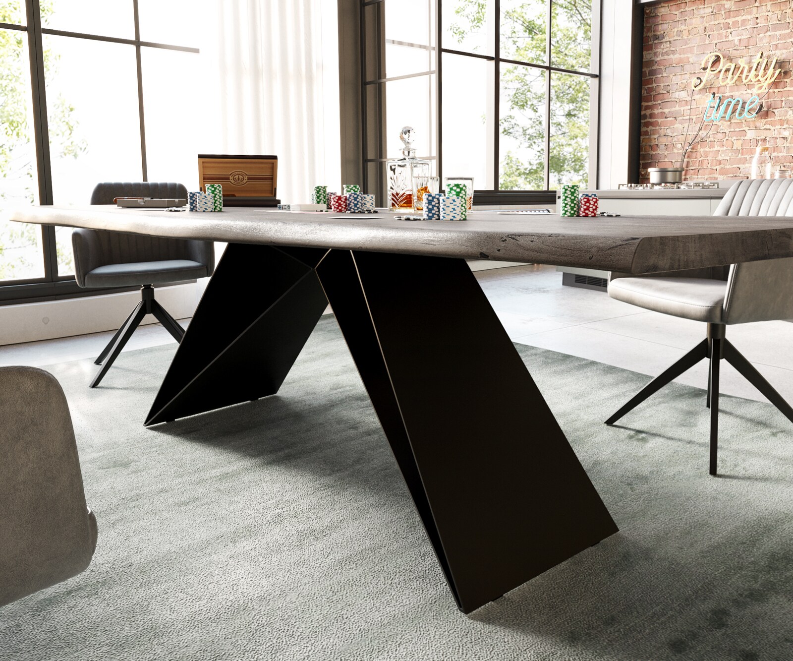 Table à manger Edge 260x100 acacia platine cadre en V acier plat noir Live-Edge 5