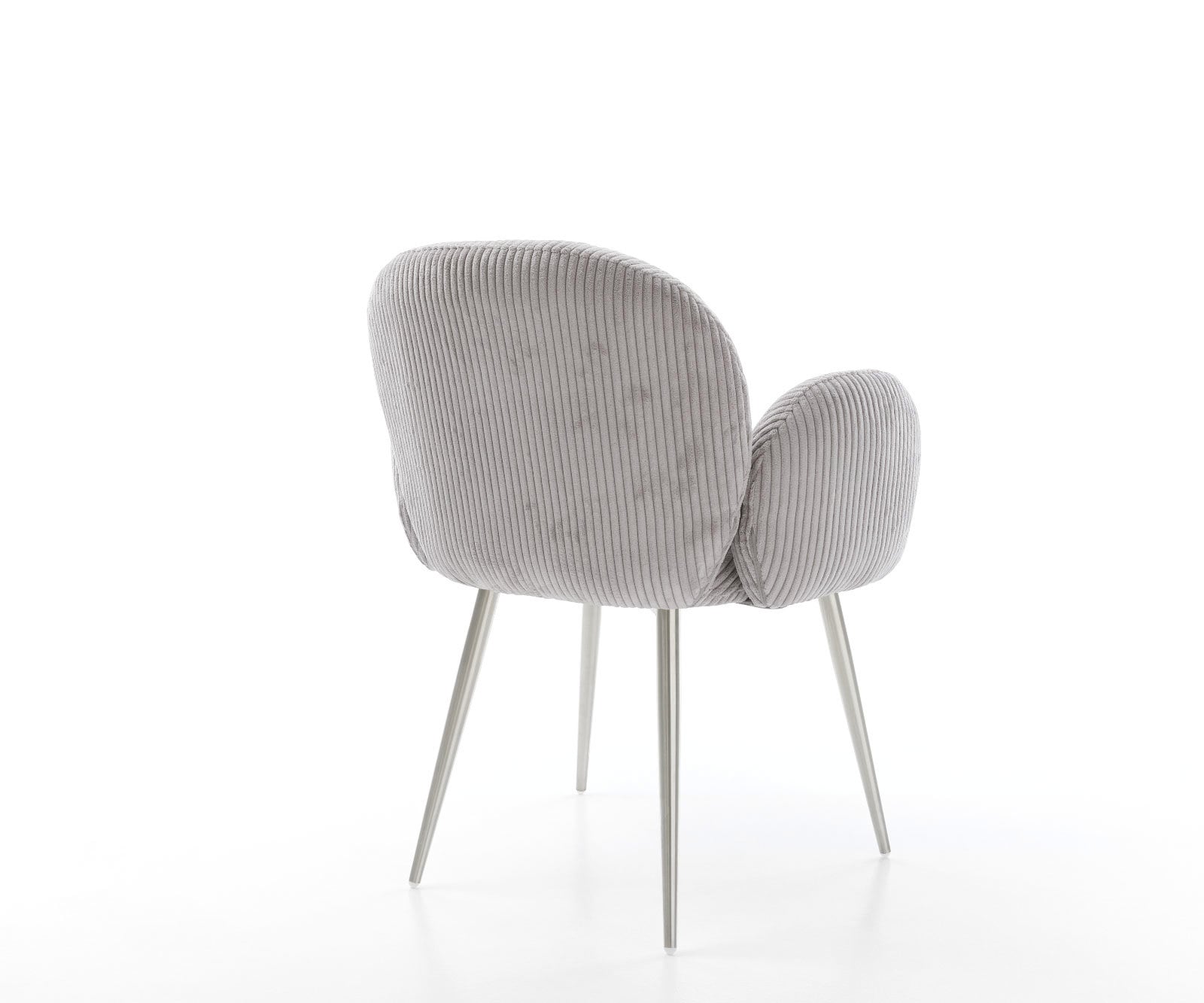 Chaise-de-salle-à-manger Nube-Flex avec accoudoirs côtelé gris argenté 4 pieds coniques acier inoxydable brossé ressorts ensachés 4 Chaise-de-salle-à-manger Nube-Flex avec accoudoirs côtelé gris argenté 4 pieds coniques acier inoxydable brossé ressorts ensachés 4