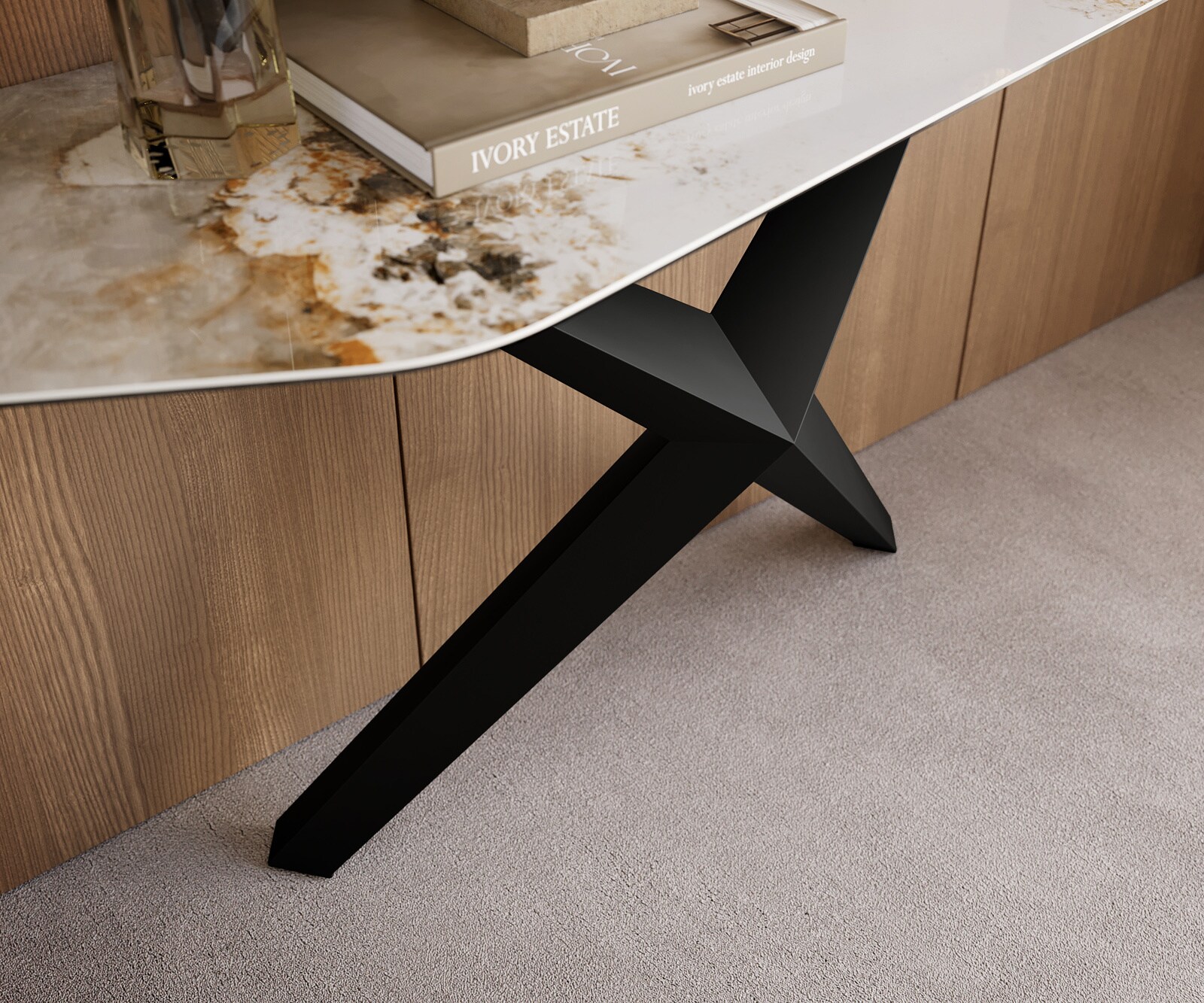 Console Edge Polygonal 180x50 cm Céramique Minas Melange Weiß-Beige Zentharo Métal Noir 6