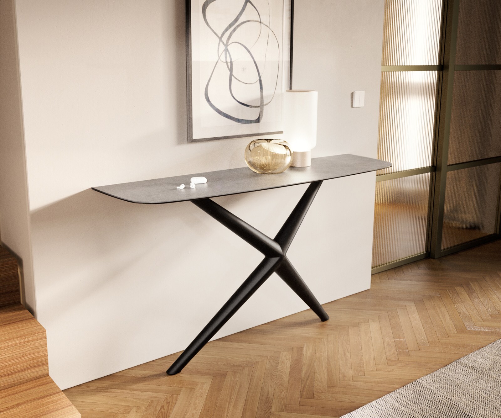 Konsolentisch Edge Boot 140x40 cm Keramik Beton Grau Estelo Metall Schwarz