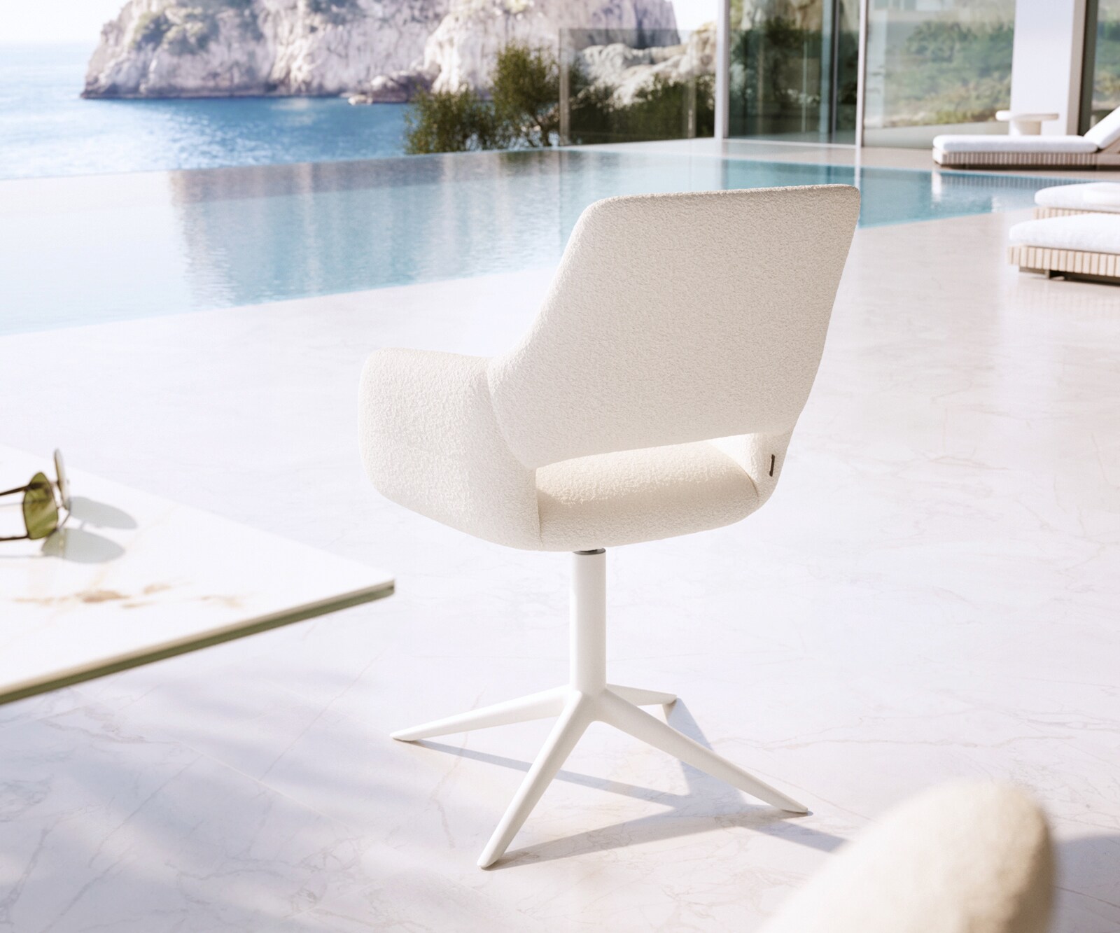 Chaise-d'extérieur Yago-Flex avec accoudoirs bouclé blanc pied de chaise 4 branches blanc pivotement sur 360° fonction bascule 4