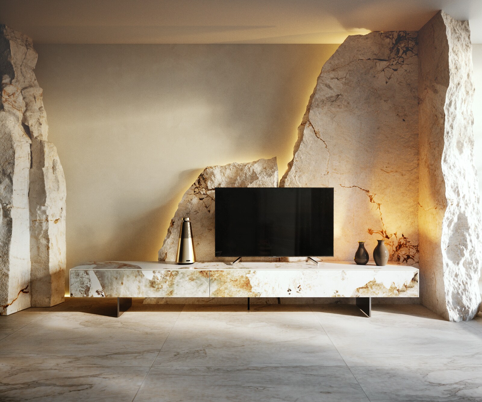 Meuble-TV Cuor 250 cm Céramique Minas Melange Blanc-beige 1 Clapet 1 Tiroir Pied optique flottant Ancier inoxydable 1