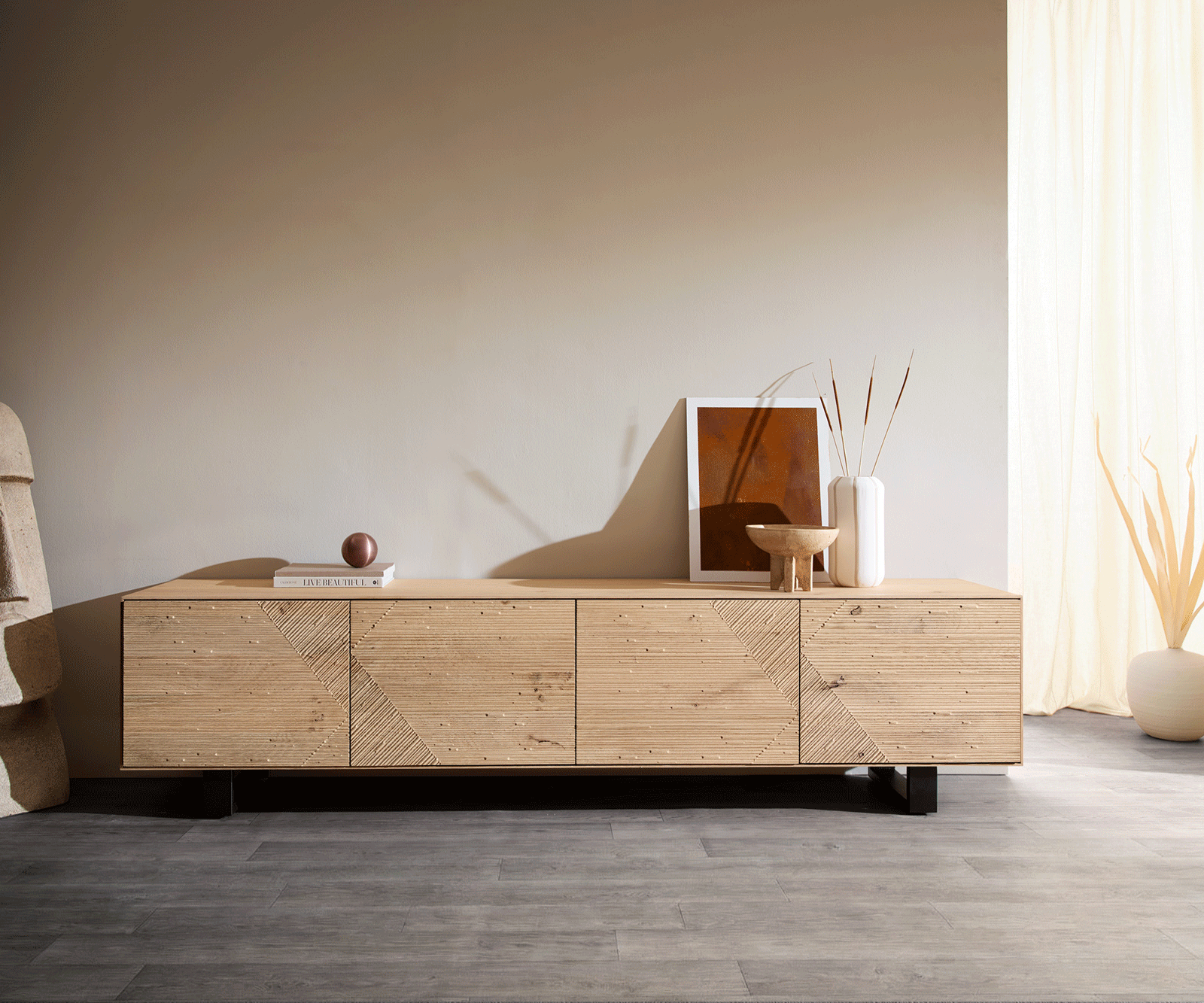 Lowboard Tereos 220 cm Eiche Natur 3D Effekt 4 Türen Kufe Metall Schwarz 4