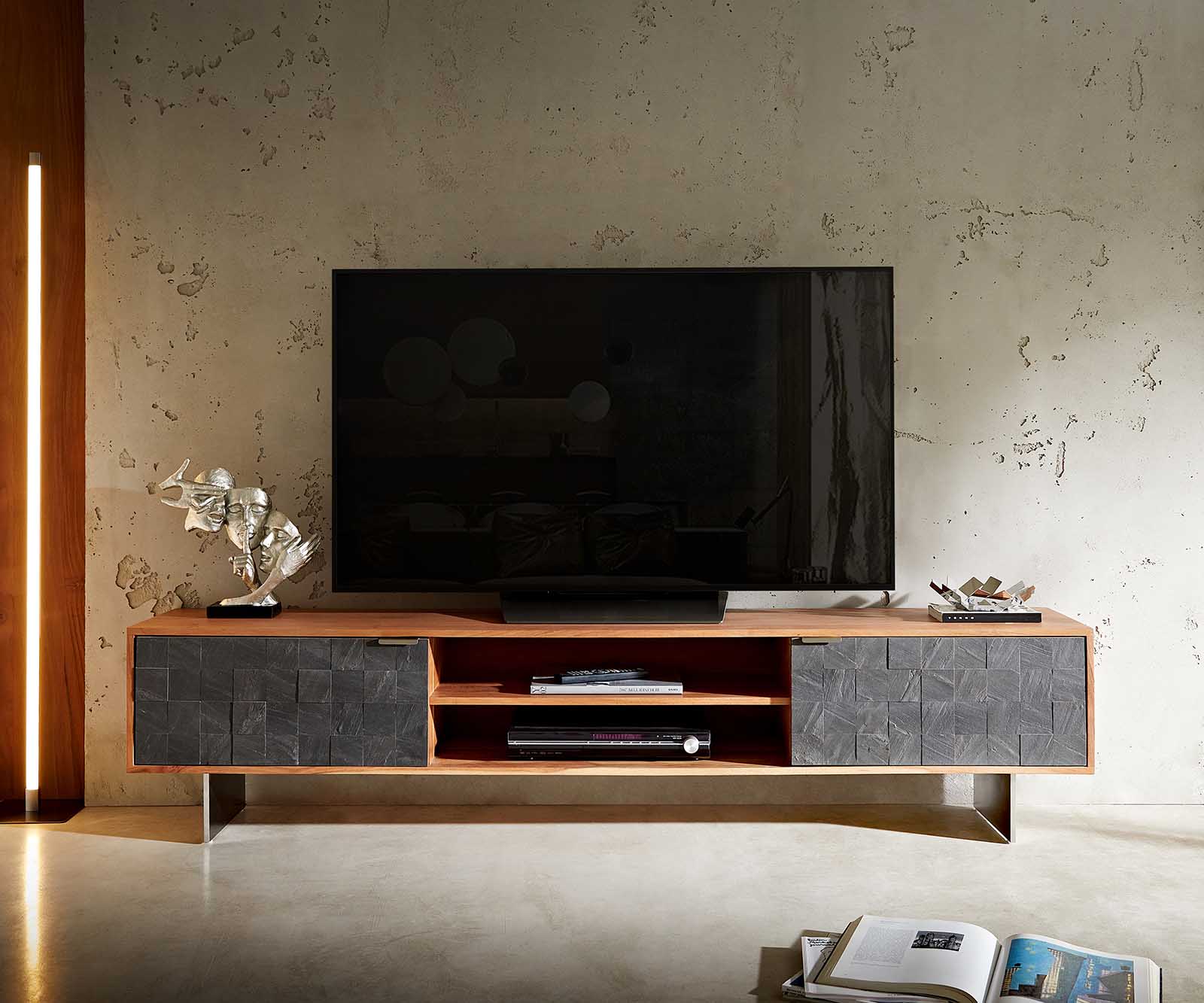Meuble-TV Teele 200 cm acacia naturel ardoise 2 portes pied flottant inoxydable 1