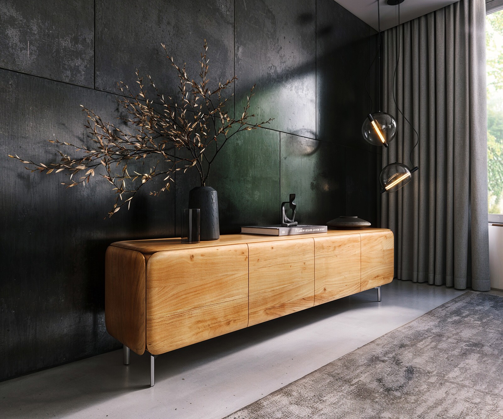 Meuble-TV Shavani 200 cm acacia naturel 4 portes pieds ovales en acier inoxydable