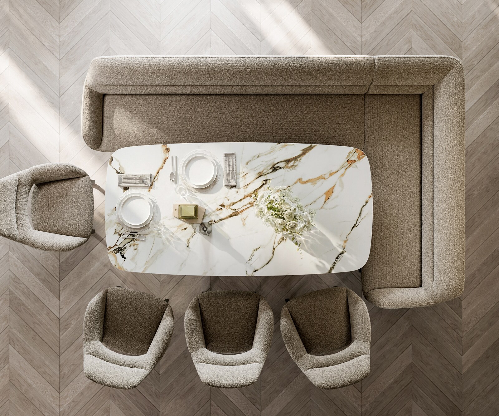 Esszimmerbank Taya-Flex 285x190 cm Bouclé Schlamm Kufengestell flach Schwarz Taschenfederkern Links 5