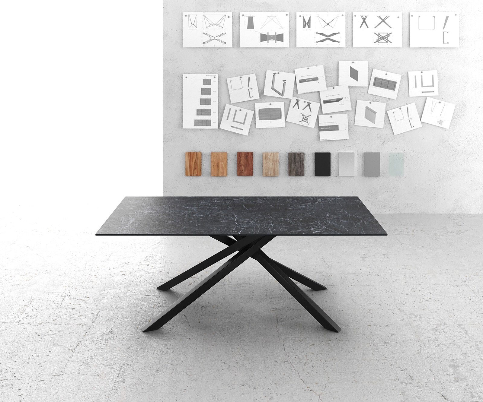 Table-à-manger Edge 200x100cm Laminam® céramique gris pieds milieu croisé noir 1