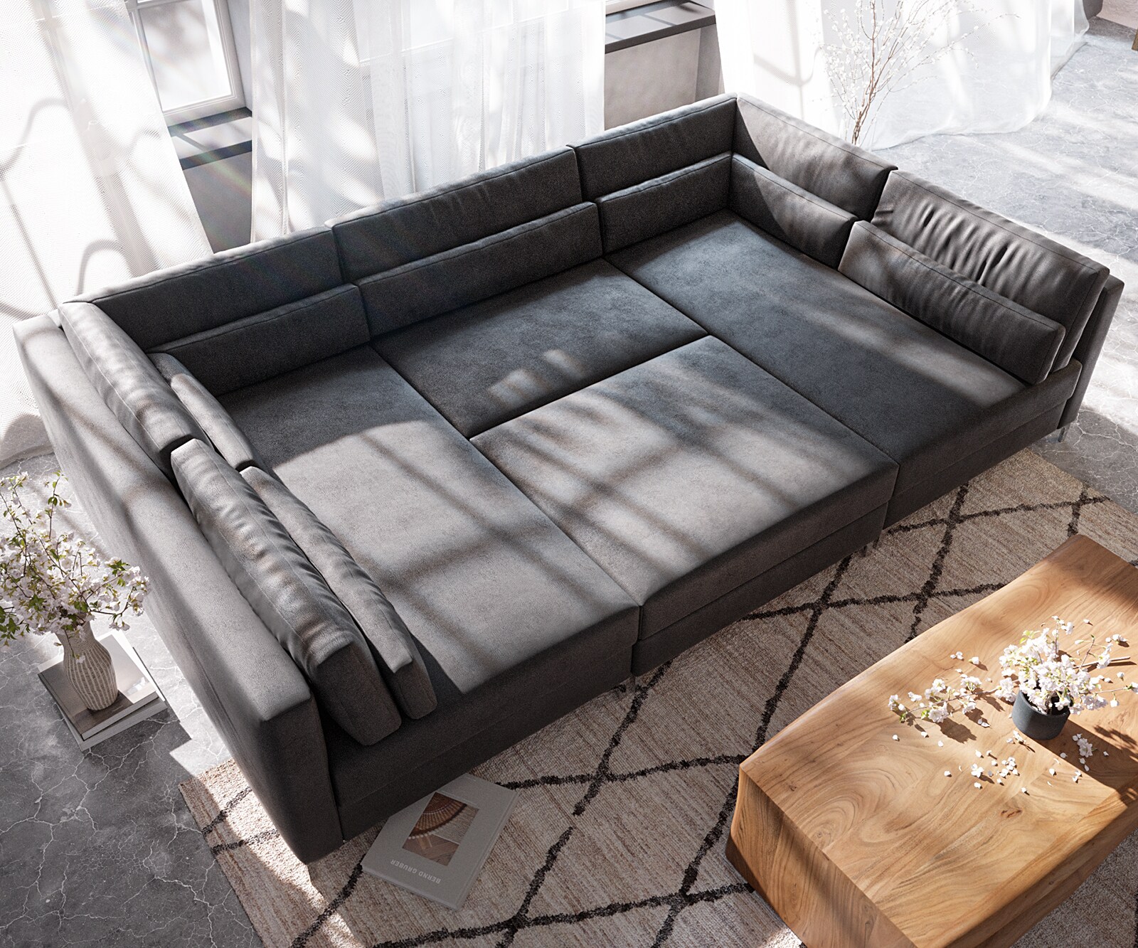 Canapé-panoramique Elio 300x185 cm similicuir vintage anthracite avec pouf 6