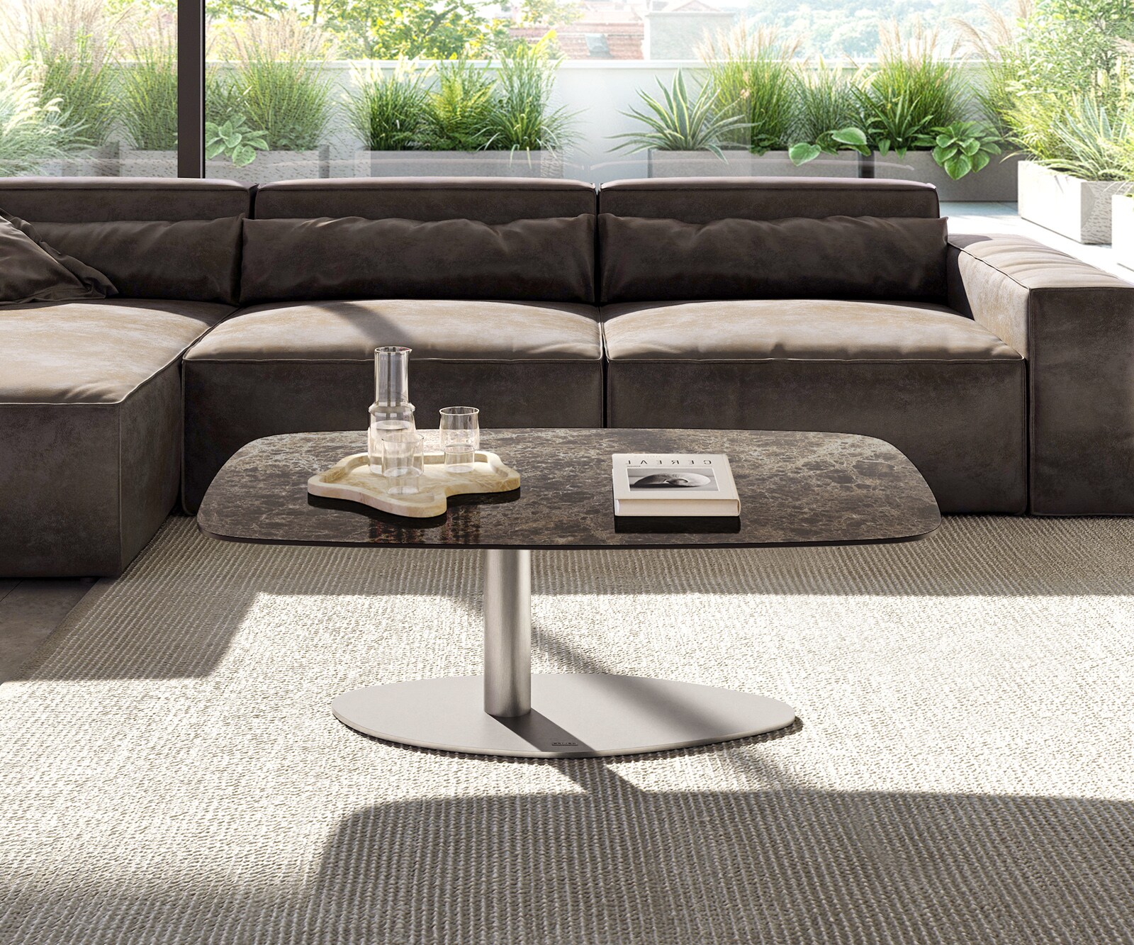 Table basse Edge bateau 120x70 cm céramique Emperador Extra Lucidato brun foncé Vibany acier inoxydable brossé 1