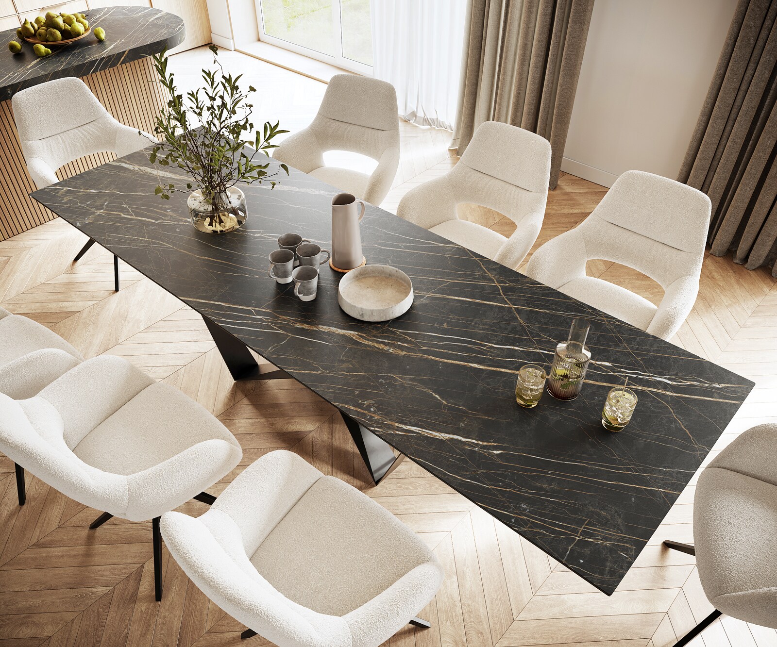 Table-à-manger Edge 300x100cm Laminam® céramique marron pieds milieu acier plat noir 3