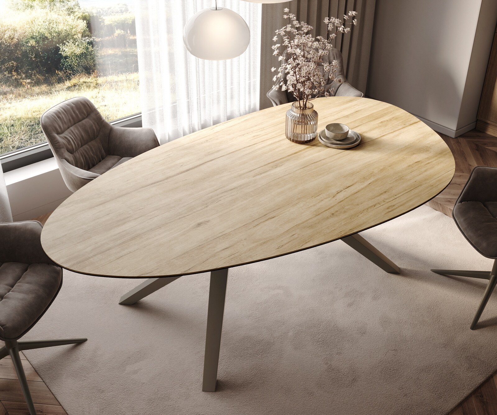 Esstisch Edge Oval 220x120 Keramik Laminam® Sabbia Eichefarbig Zenthara kantig Metall Effektfinish Titan 4