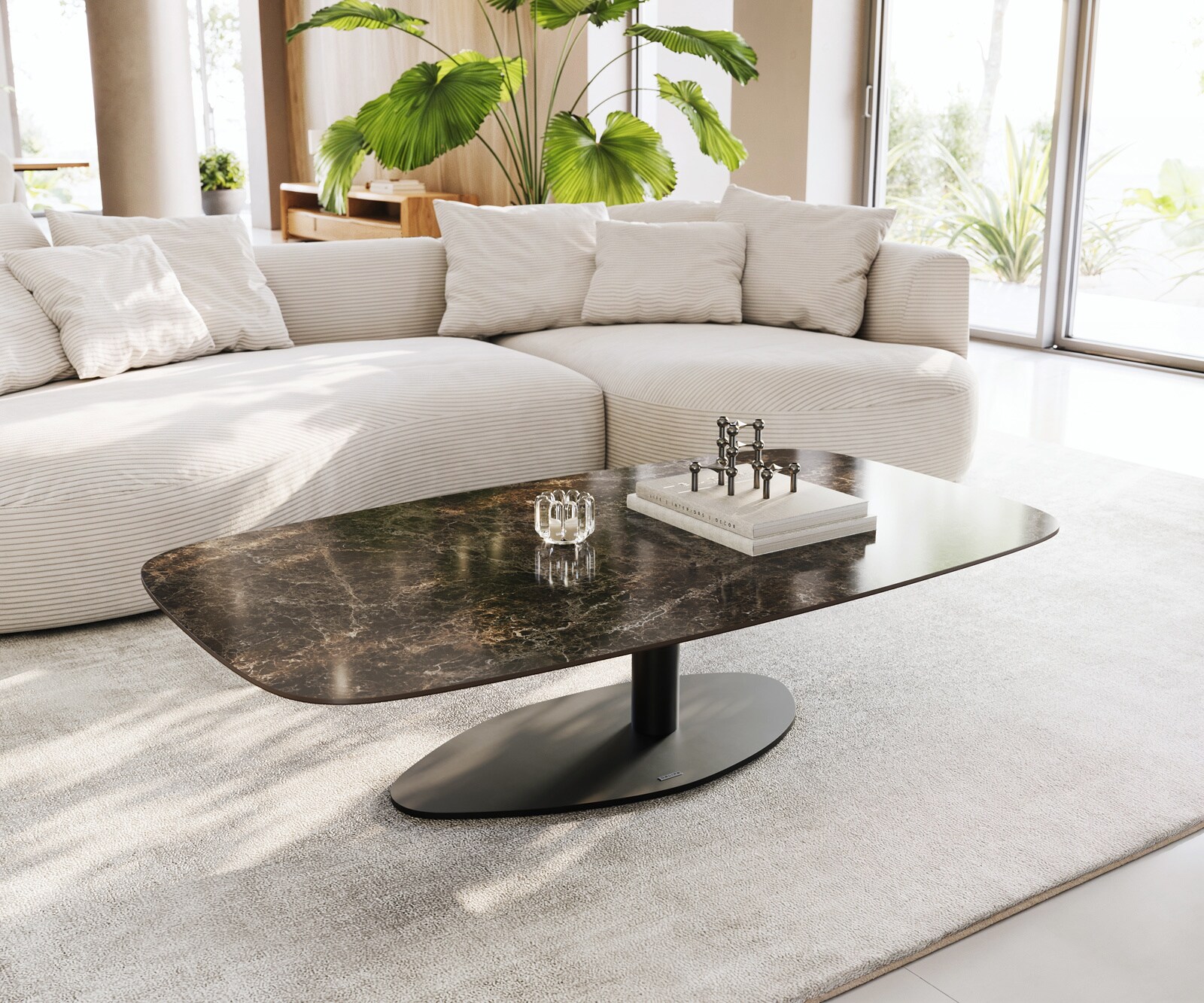 Table basse Edge bateau 140x80 cm céramique Emperador Extra Lucidato brun foncé Vibany métal noir 1