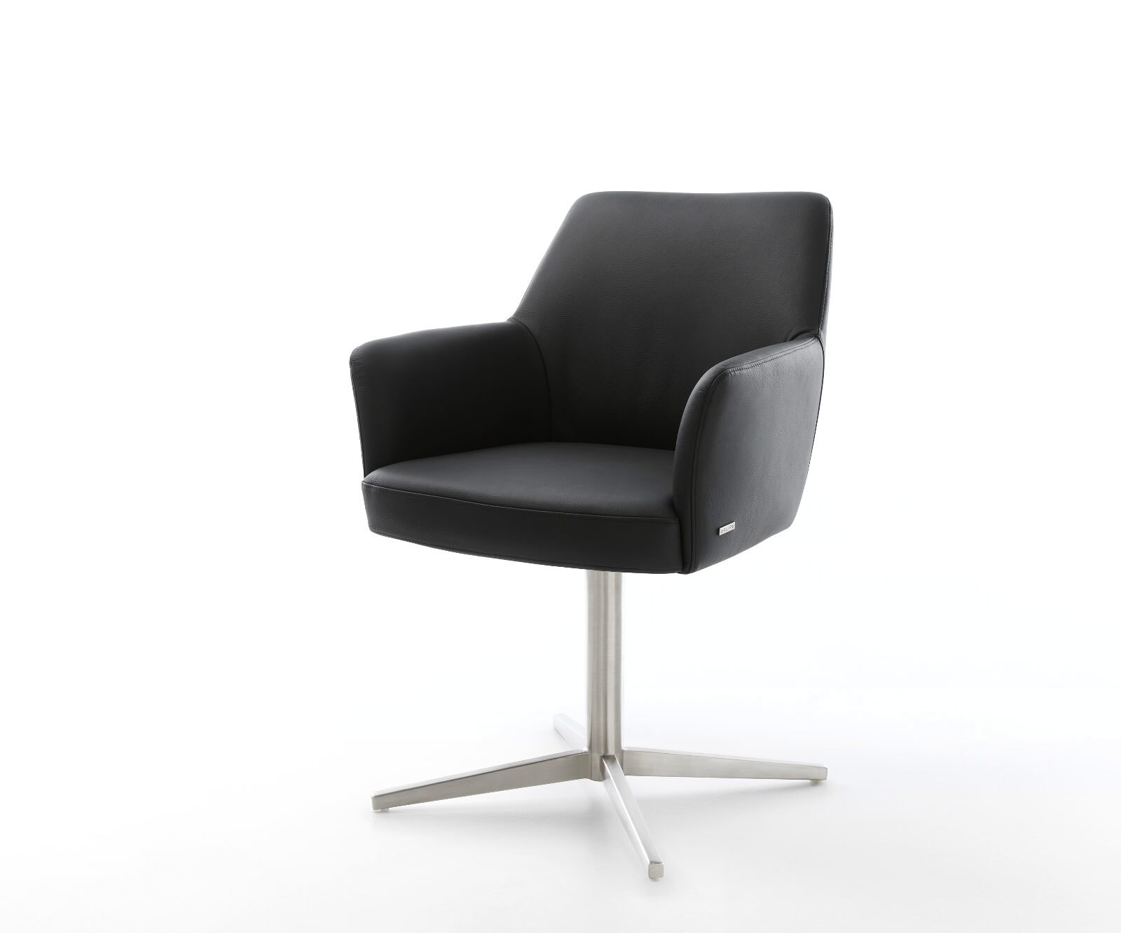 Chaise-pivotante Xana-Flex avec accoudoirs cuir de vache noir pied de chaise 4 branches acier inoxydable ressorts ensachés pivote sur 360°