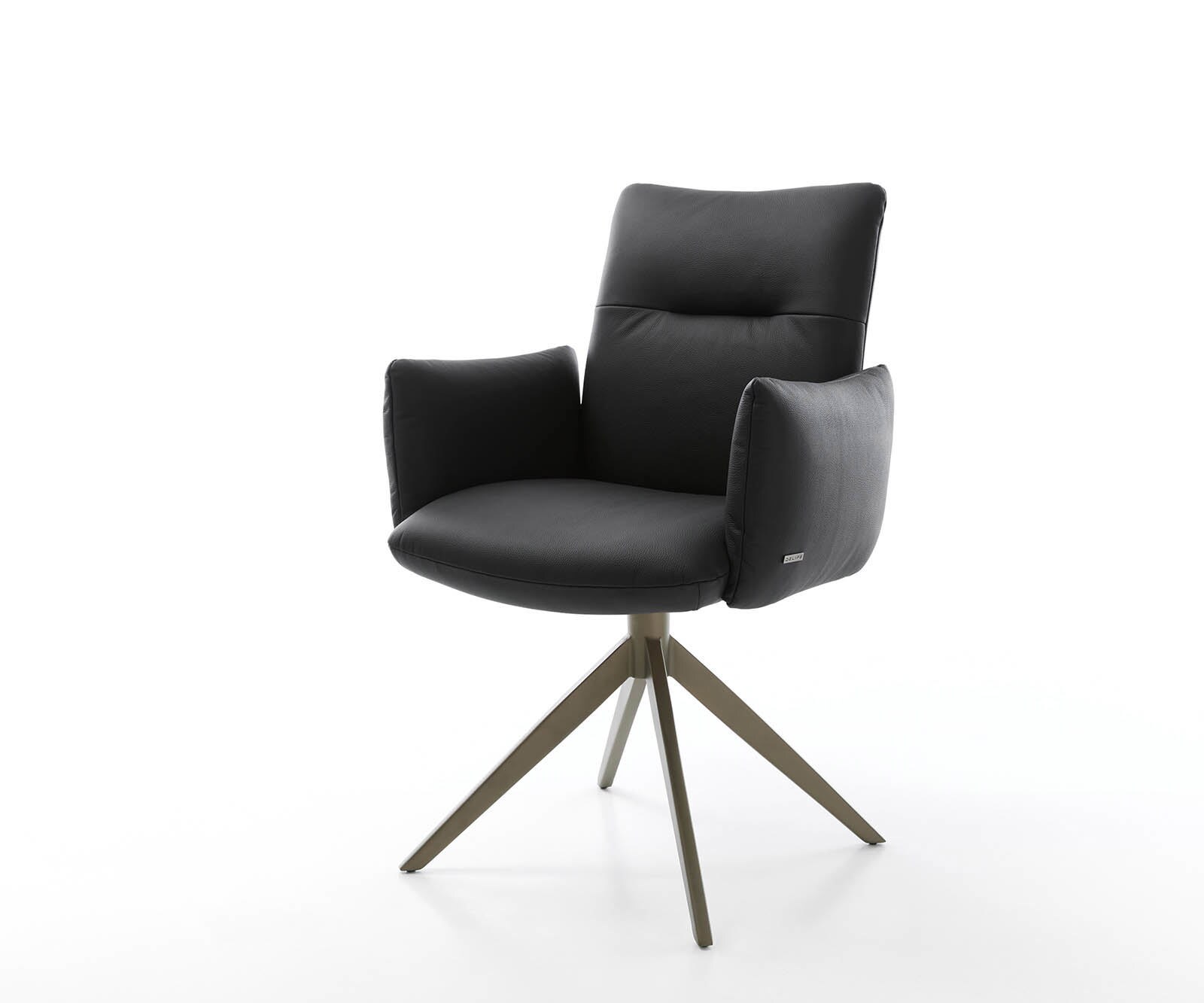 Drehstuhl Jova-Flex mit Armlehnen Echt-Leder Schwarz Kreuzgestell breit Effektfinish Titan 360° drehbar Taschenfederkern