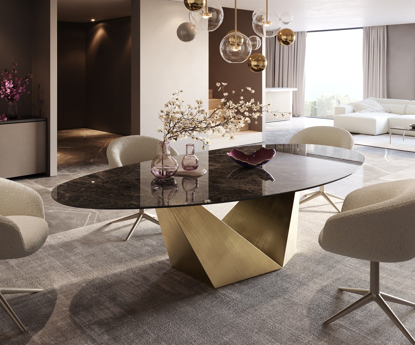 Esstisch Edge Oval 280x130 Keramik Laminam® Emperador Extra Lucidato Dunkelbraun Prisma Metallic Gold