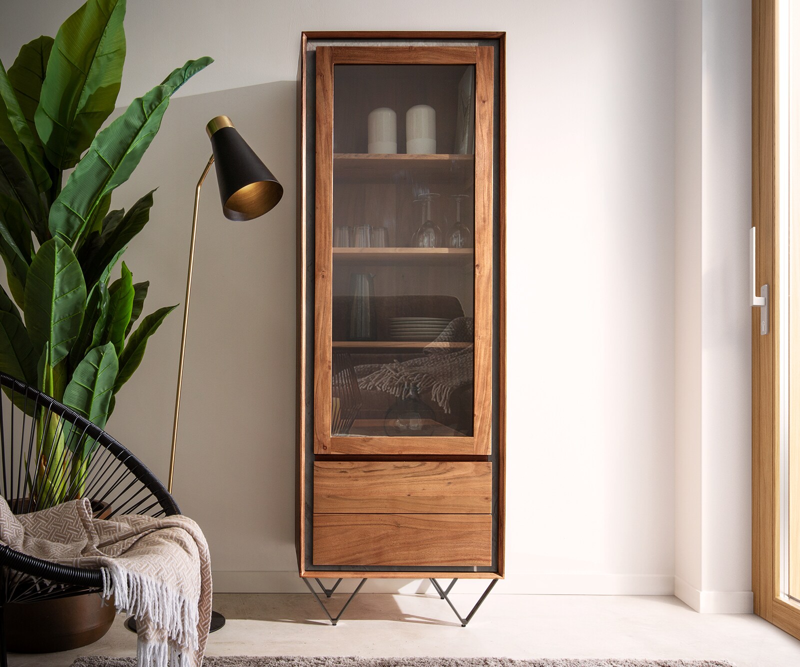 Buffet-Haut Stonegrace 60x180 cm acacia marron plaqué pierre 1 porte 2 tiroirs pied en V noir 1