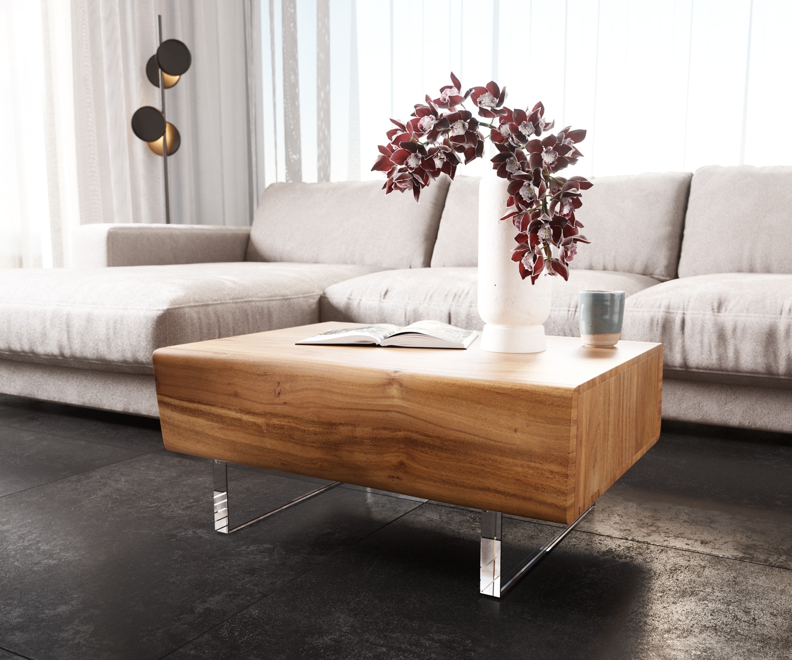 Table-basse New Live-Edge 80x60 cm acacia naturel 2 tiroirs pied acrylique 3 Table-basse New Live-Edge 80x60 cm acacia naturel 2 tiroirs pied acrylique 3