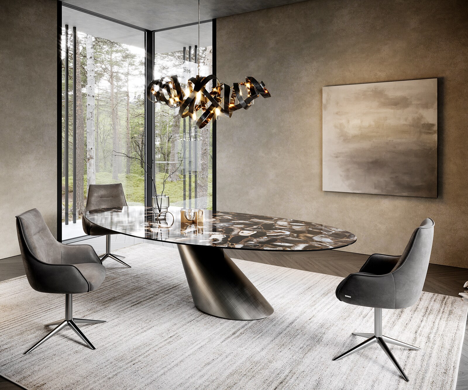 Table à manger Edge ovalee 280x130 céramique Iris FMG Agatablack Cono métallique argent 3