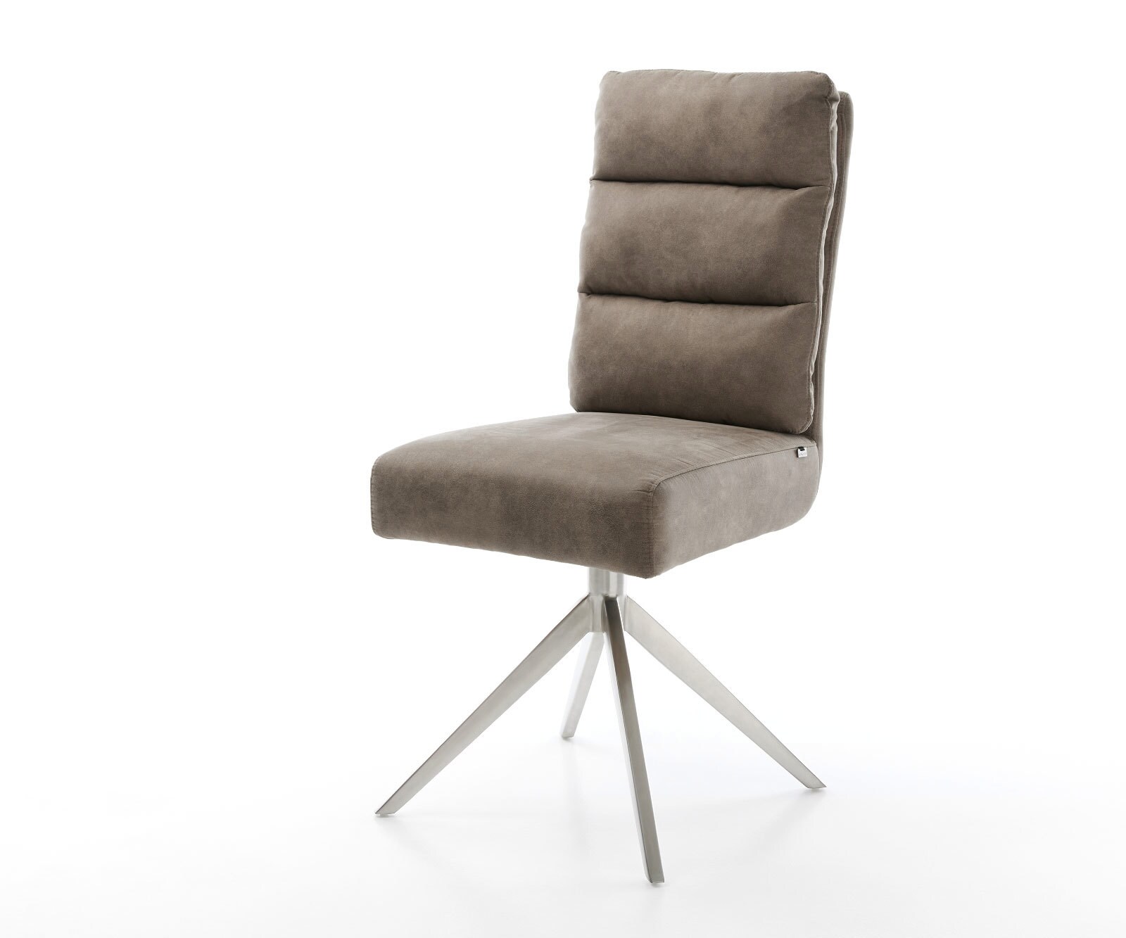 Chaise-pivotante Pela-Flex microvelours taupe vintage pied croisé large acier inoxydable brossé pivotement sur 360° fonction bascule ressorts ensachés